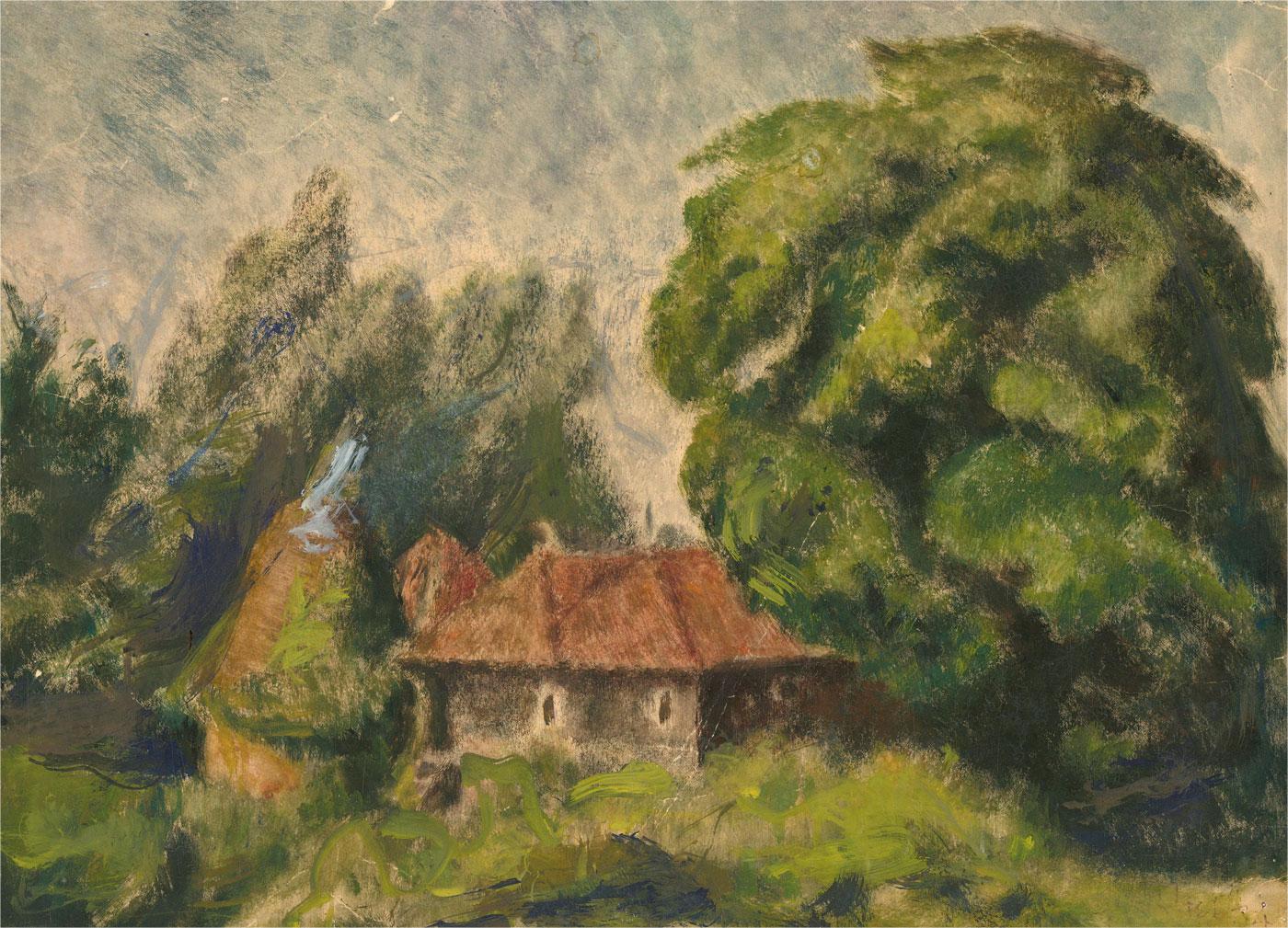 Unknown Landscape Painting - 1934 Oil - The Hidden Cottage