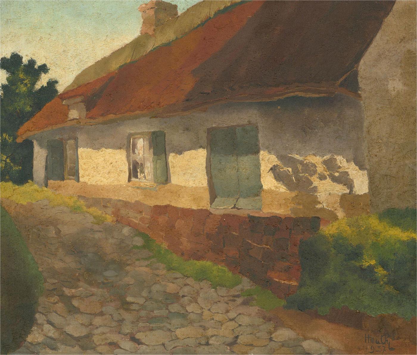 Unknown Landscape Painting - 1937 Oil - Rustic Farm Cottage