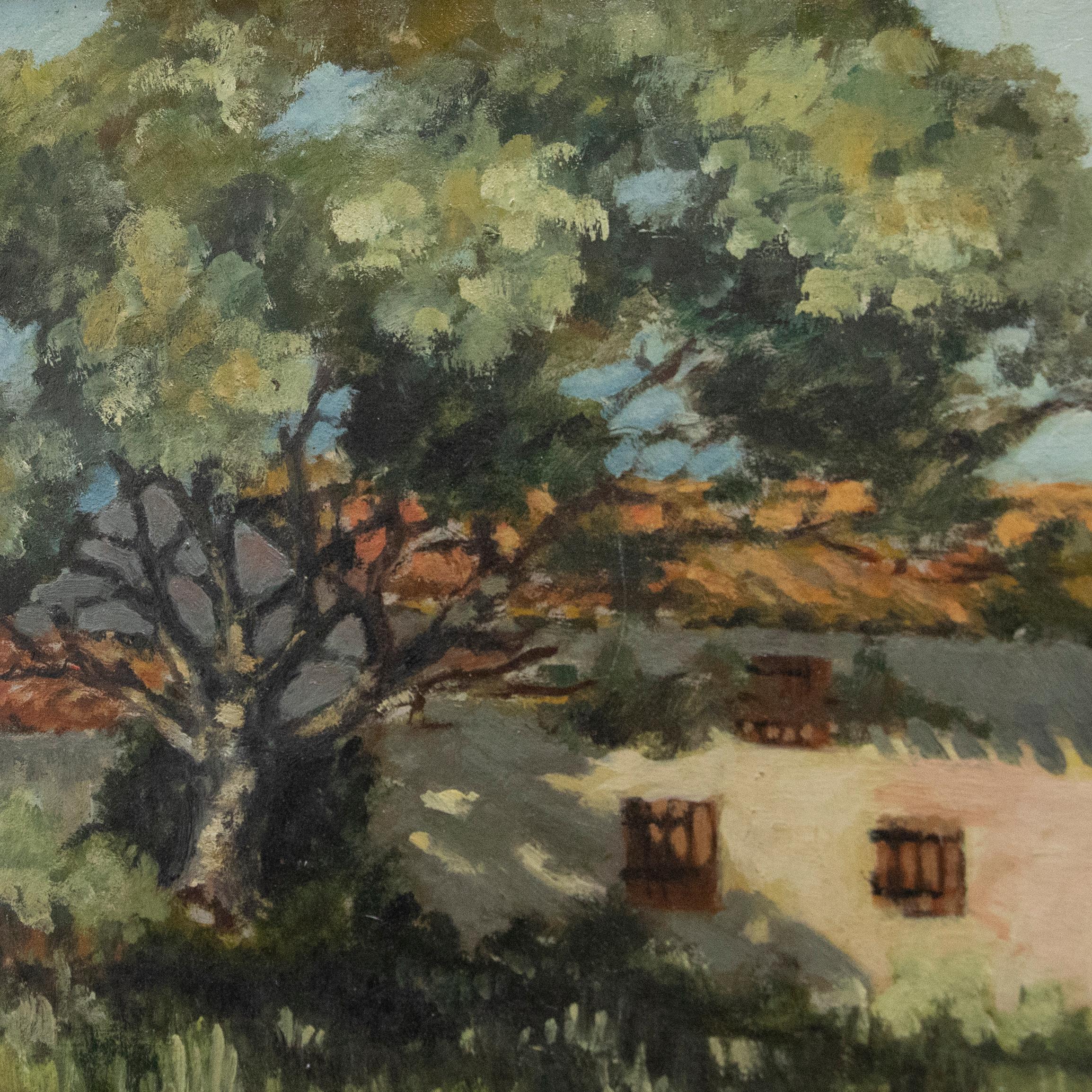 A charming oil study depicting a French villa in the shade of a large tree. The artist shows a great perspective of light in the scene showing a real contrast in the deep shadows and the sunlit areas of the composition. Inscribed verso in French