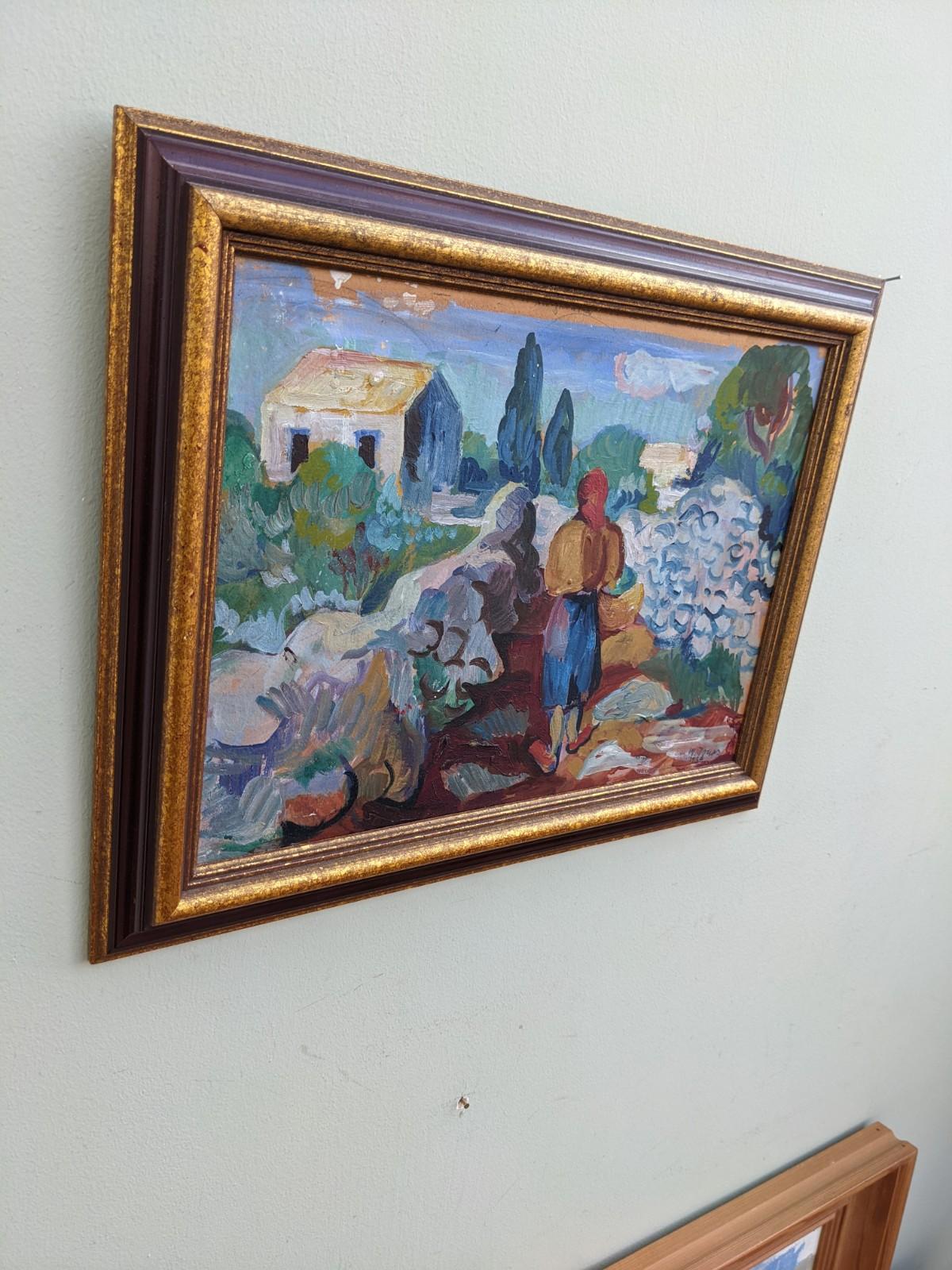 BRIDGE CROSING
Size: 32.5 x 41 cm (including frame)
Oil on board

A small but very charming modernist expressionist oil, painted in 1937.

In this picture we see a figure crossing a stone bridge that leads towards a cottage, surrounded by lush