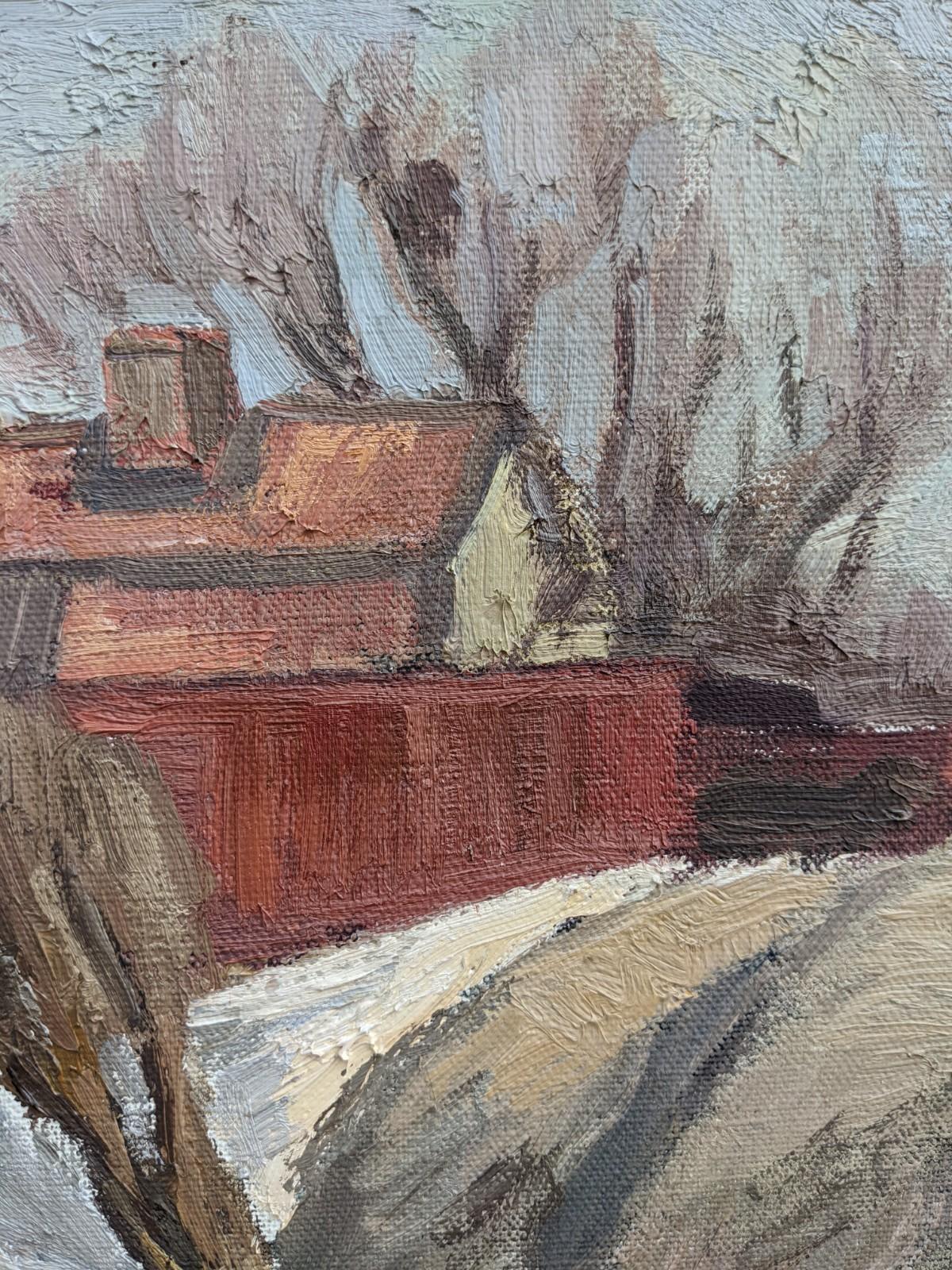1937 Vintage Modernist Swedish Landscape Oil Painting - Ruby Cottage - Brown Landscape Painting by Unknown