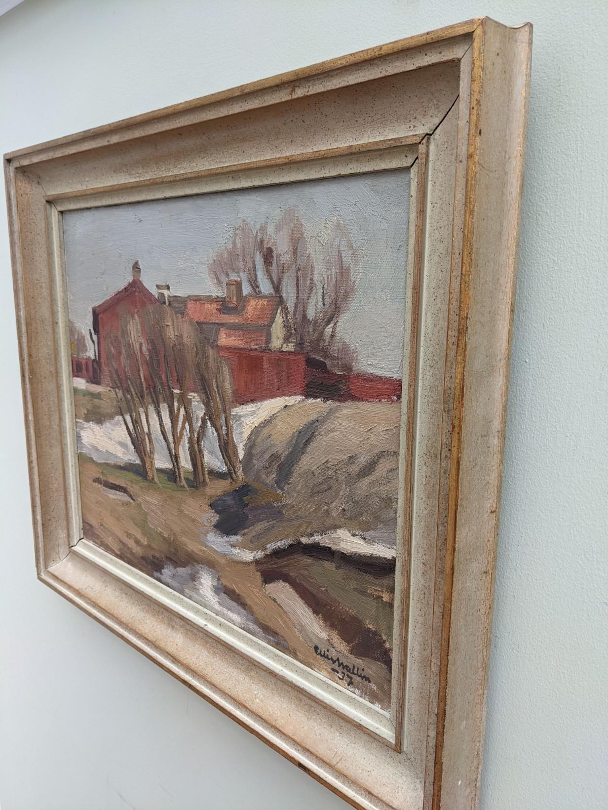 1937 Vintage Modernist Swedish Landscape Oil Painting - Ruby Cottage 3