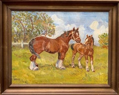 Peinture à l'huile danoise vintage/antique de 1938 sur toile, chevaux, signée et datée