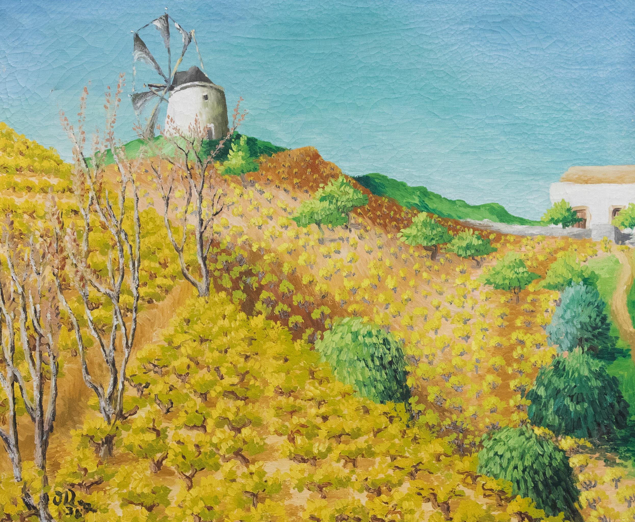 A vibrant post-impressionist scene of a winery and vineyard in the rolling hills of Sesimbra, Portugal. Pictured high above rows of trained vines, a windmill stands prominent against blue skies. Signed and dated to the lower left. With the title and