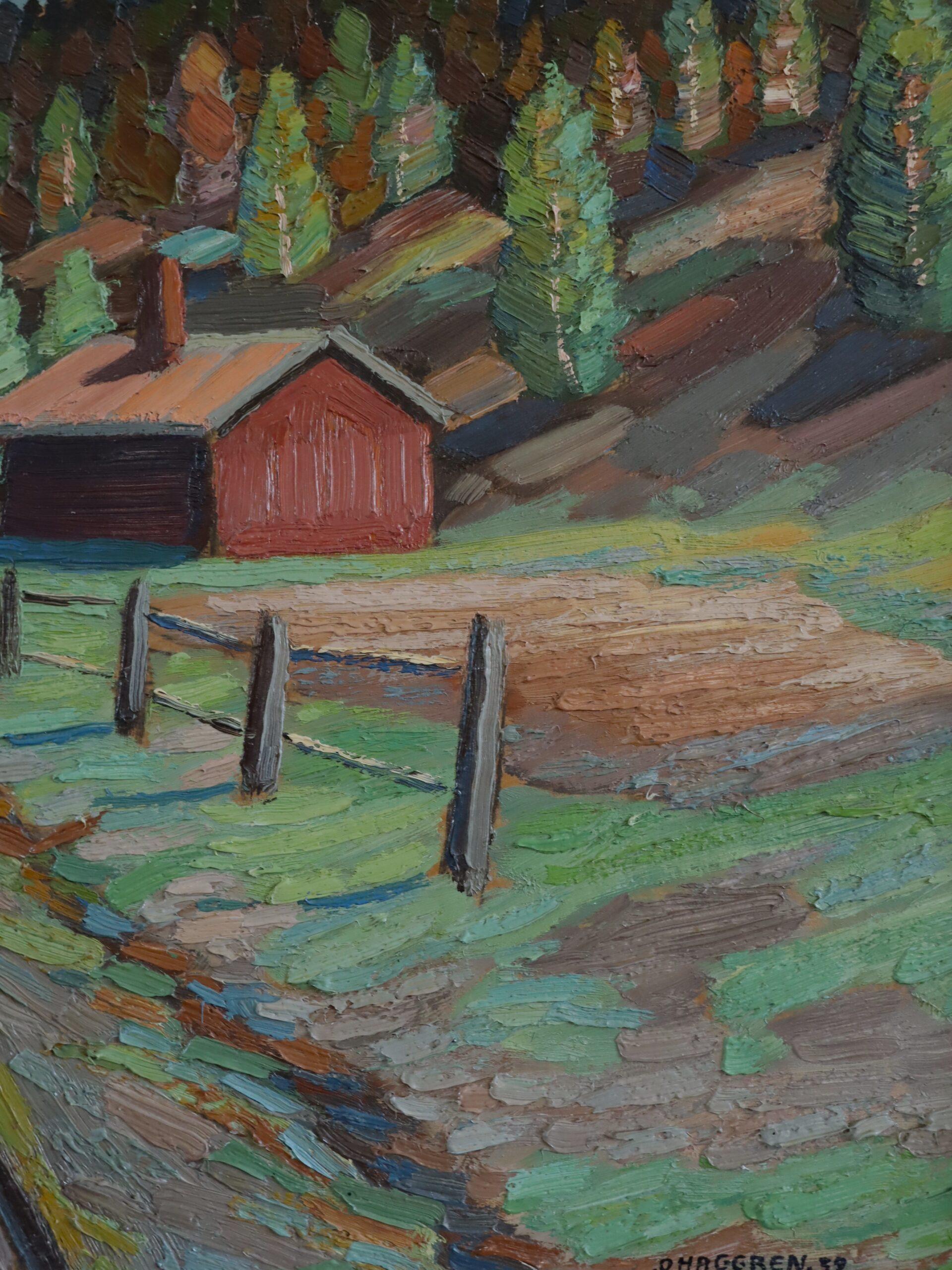 1939 Pintura al óleo original de mediados de siglo sobre un paisaje - La cabaña roja en venta 5