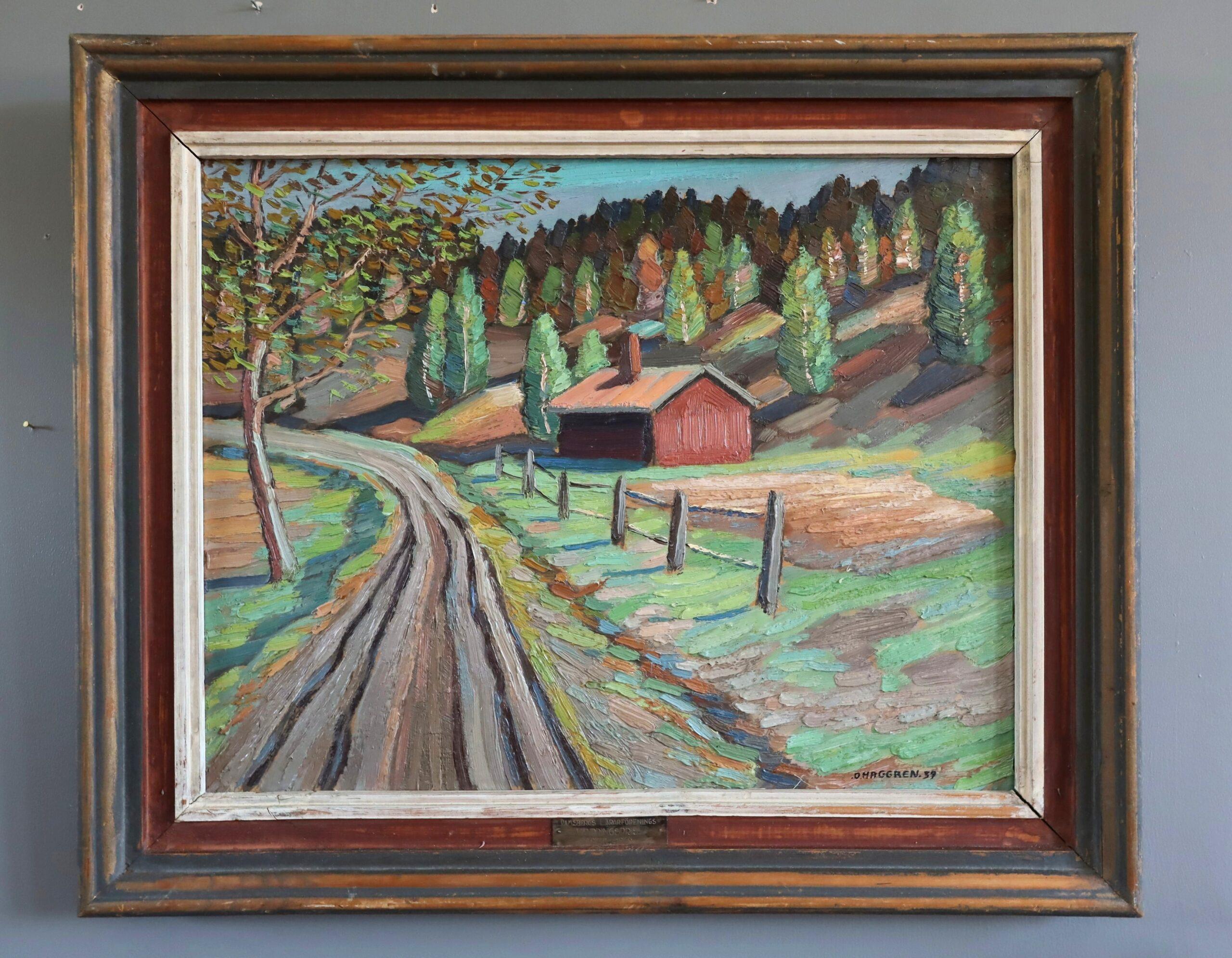 1939 Pintura al óleo original de mediados de siglo sobre un paisaje - La cabaña roja - Painting de Unknown