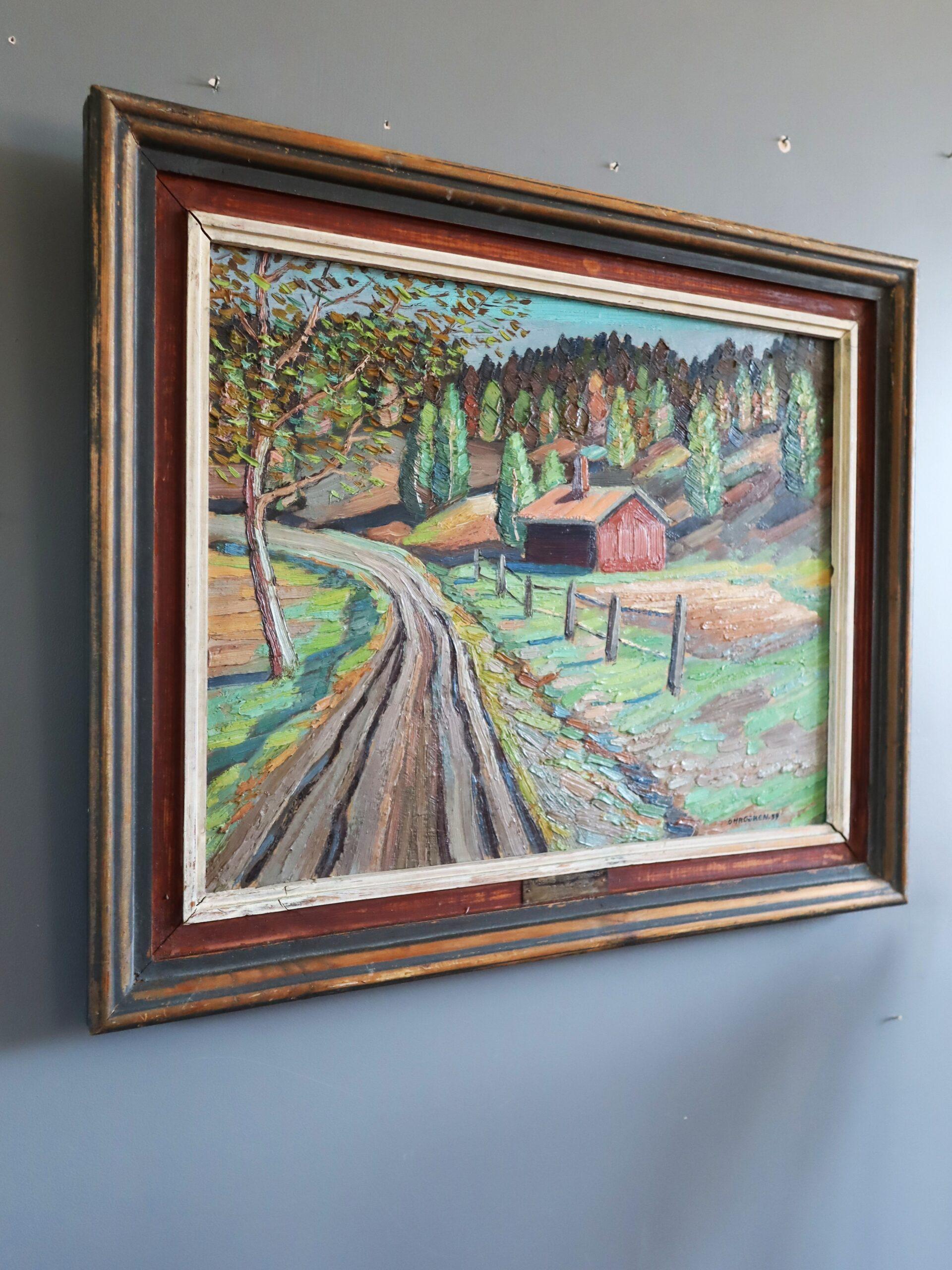 1939 Pintura al óleo original de mediados de siglo sobre un paisaje - La cabaña roja - Landscape Painting Gris de Unknown