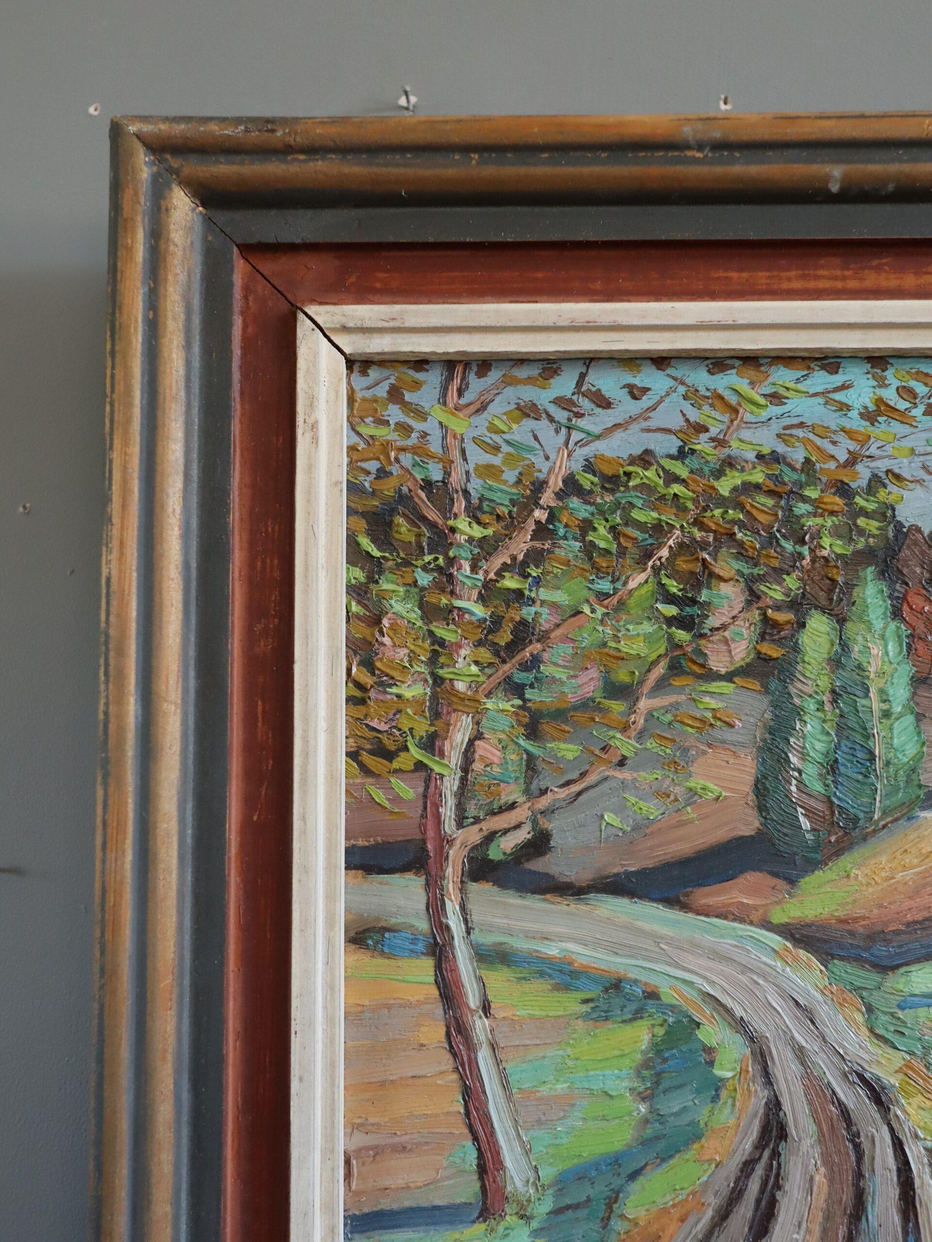 1939 Pintura al óleo original de mediados de siglo sobre un paisaje - La cabaña roja en venta 1