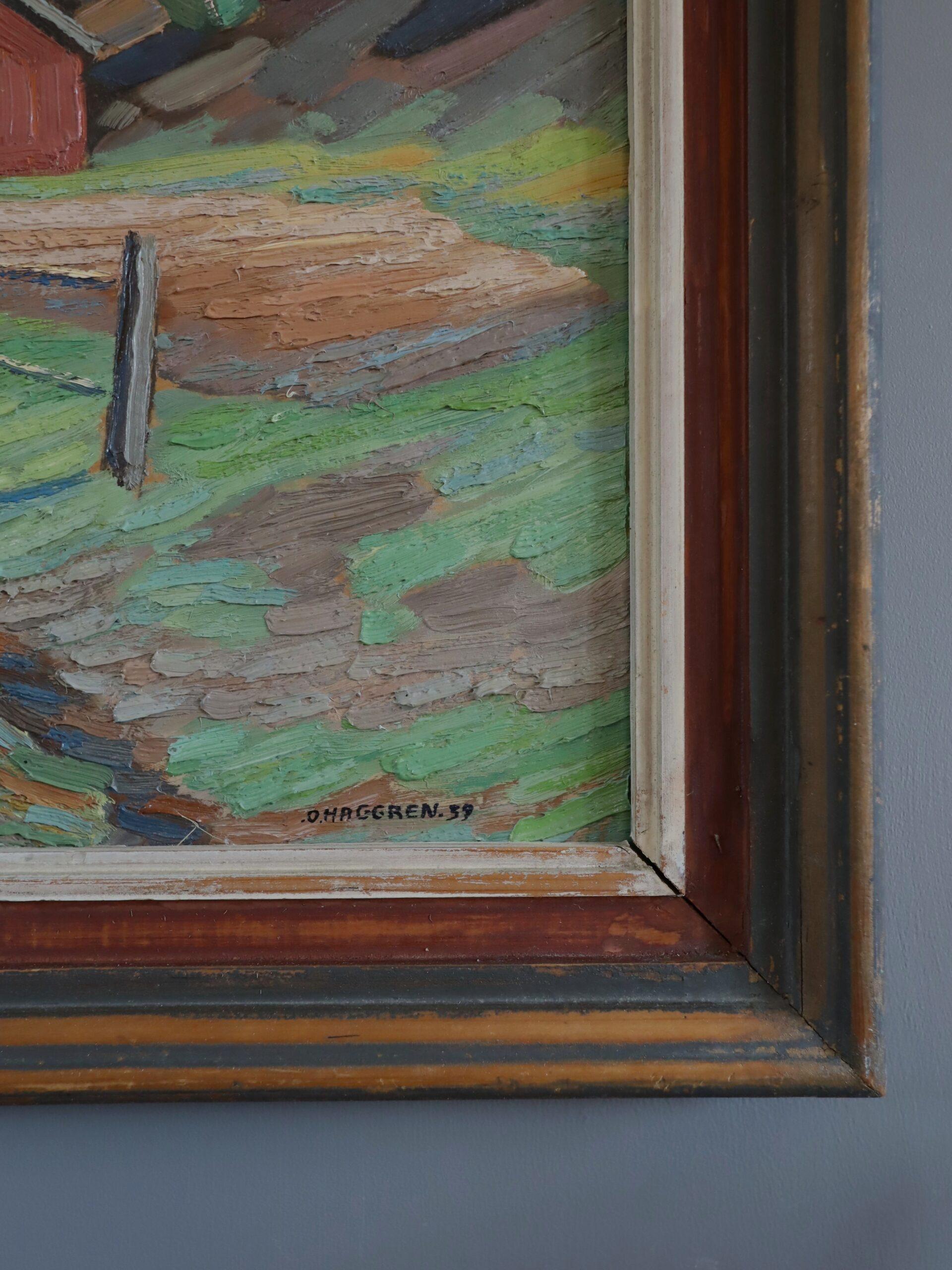 1939 Pintura al óleo original de mediados de siglo sobre un paisaje - La cabaña roja en venta 2
