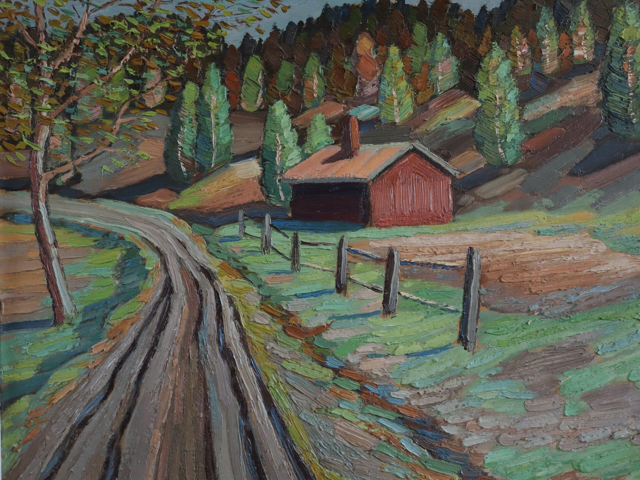 1939 Pintura al óleo original de mediados de siglo sobre un paisaje - La cabaña roja en venta 3