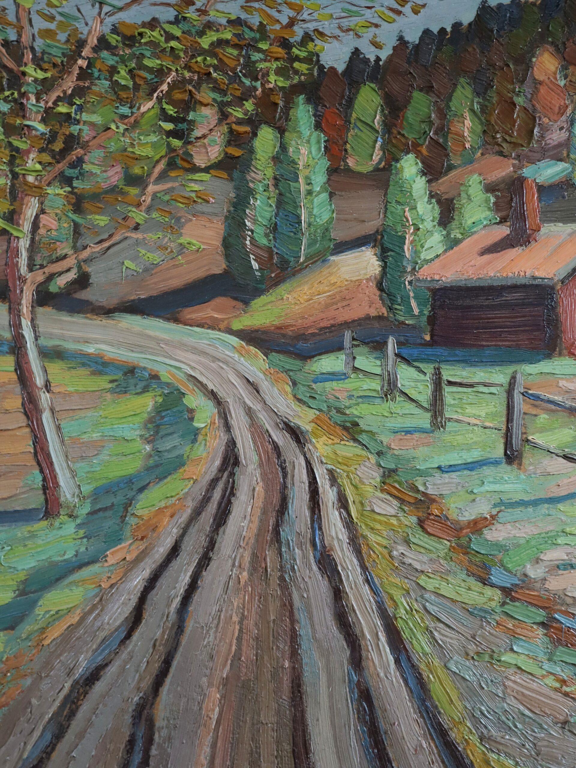 1939 Pintura al óleo original de mediados de siglo sobre un paisaje - La cabaña roja en venta 4