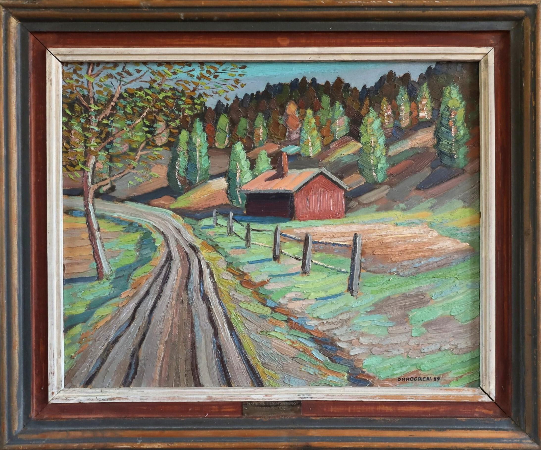 1939 Mid-Century Modern Vintage Original Landscape Oil Painting - The Red Cabin