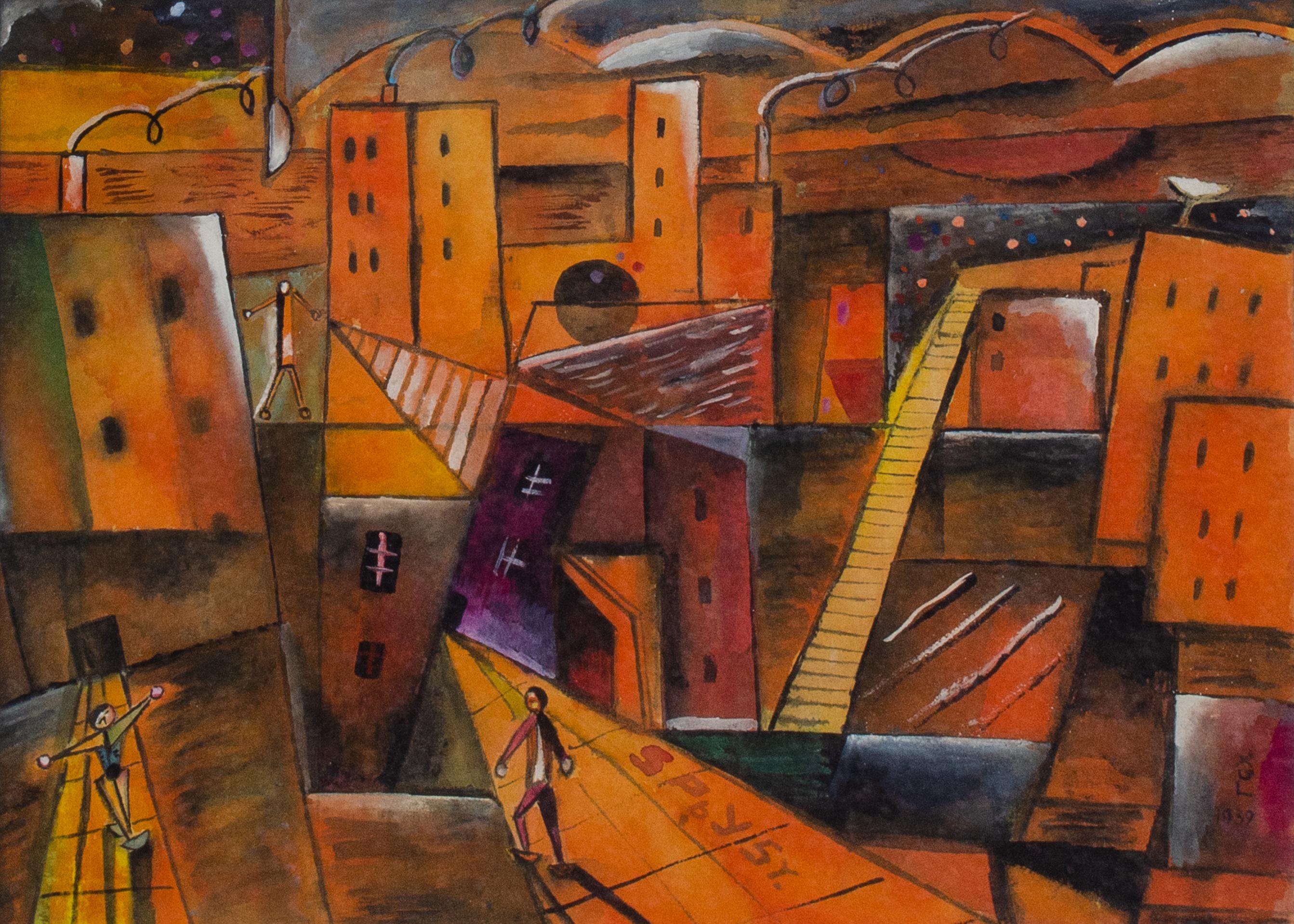 1939 Surrealist Cityscape by Mystery Artist - Painting by Unknown