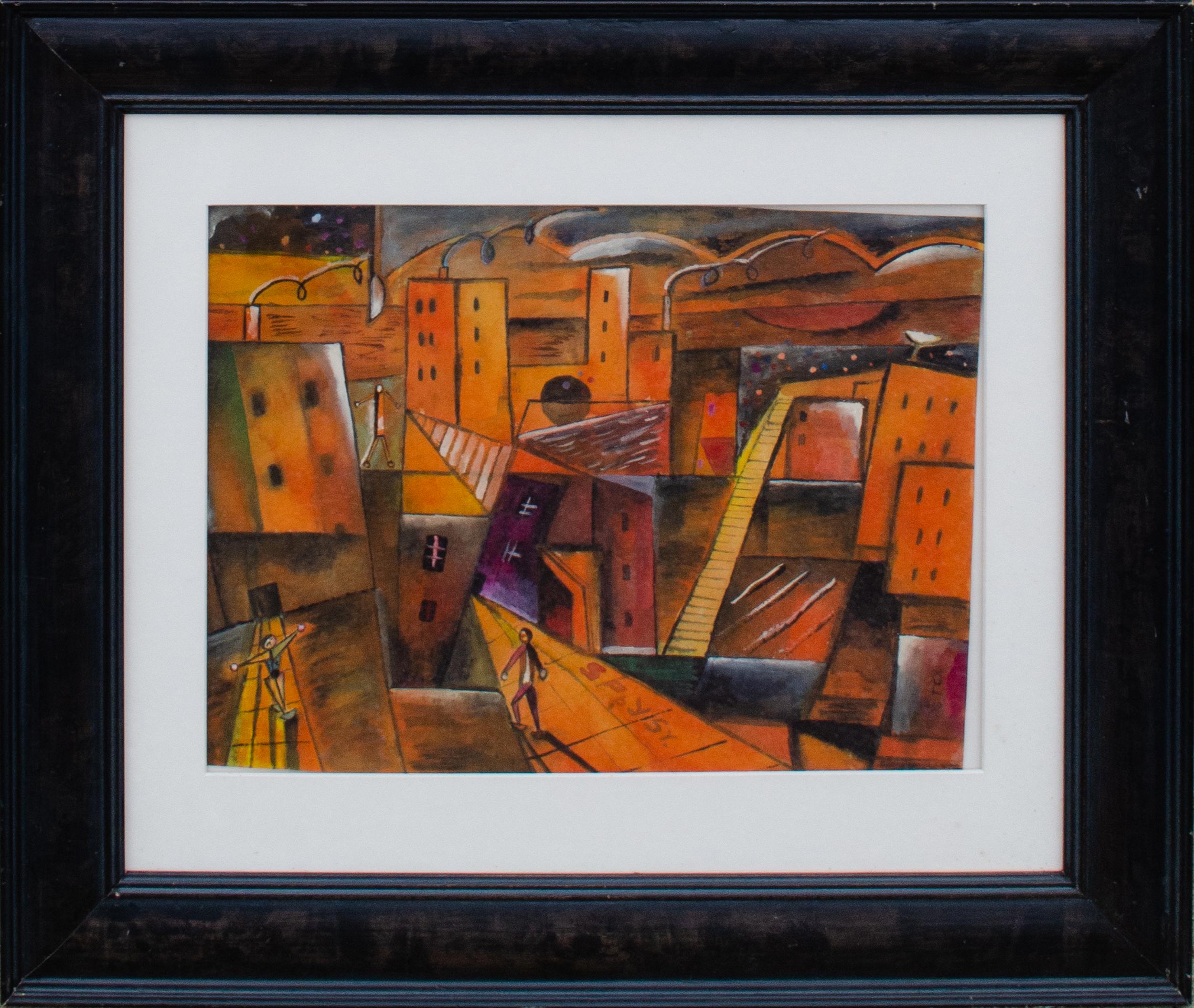 Unknown Abstract Painting - 1939 Surrealist Cityscape by Mystery Artist
