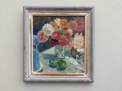 1939 Vintage Framed Modernist Oil Painting, Floral Still Life - Carnations
