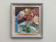 Gerahmtes modernistisches Ölgemälde, Blumenstillleben – Schnitzereien, 1939