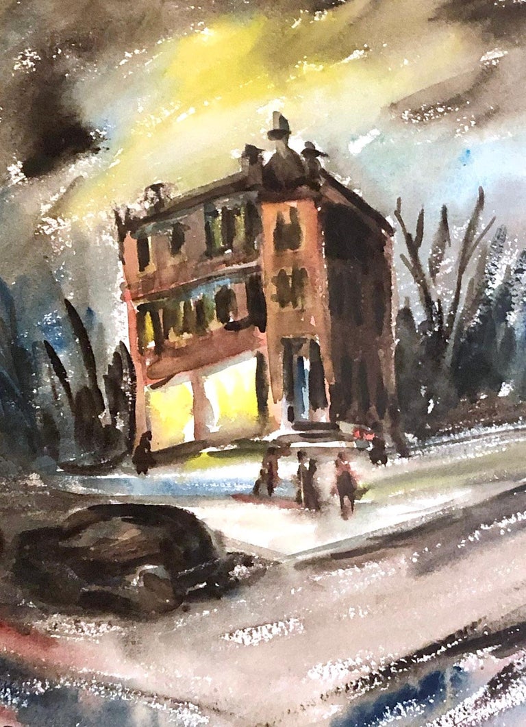 1940 American Modernist Nocturnal Framed Painting Haunted House  - Beige Figurative Painting by Unknown