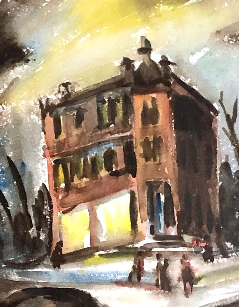 A whimsical modernist painting depicting an old home on a dark and stormy night.  Unsigned but with an important look and feel created by a talented hand.