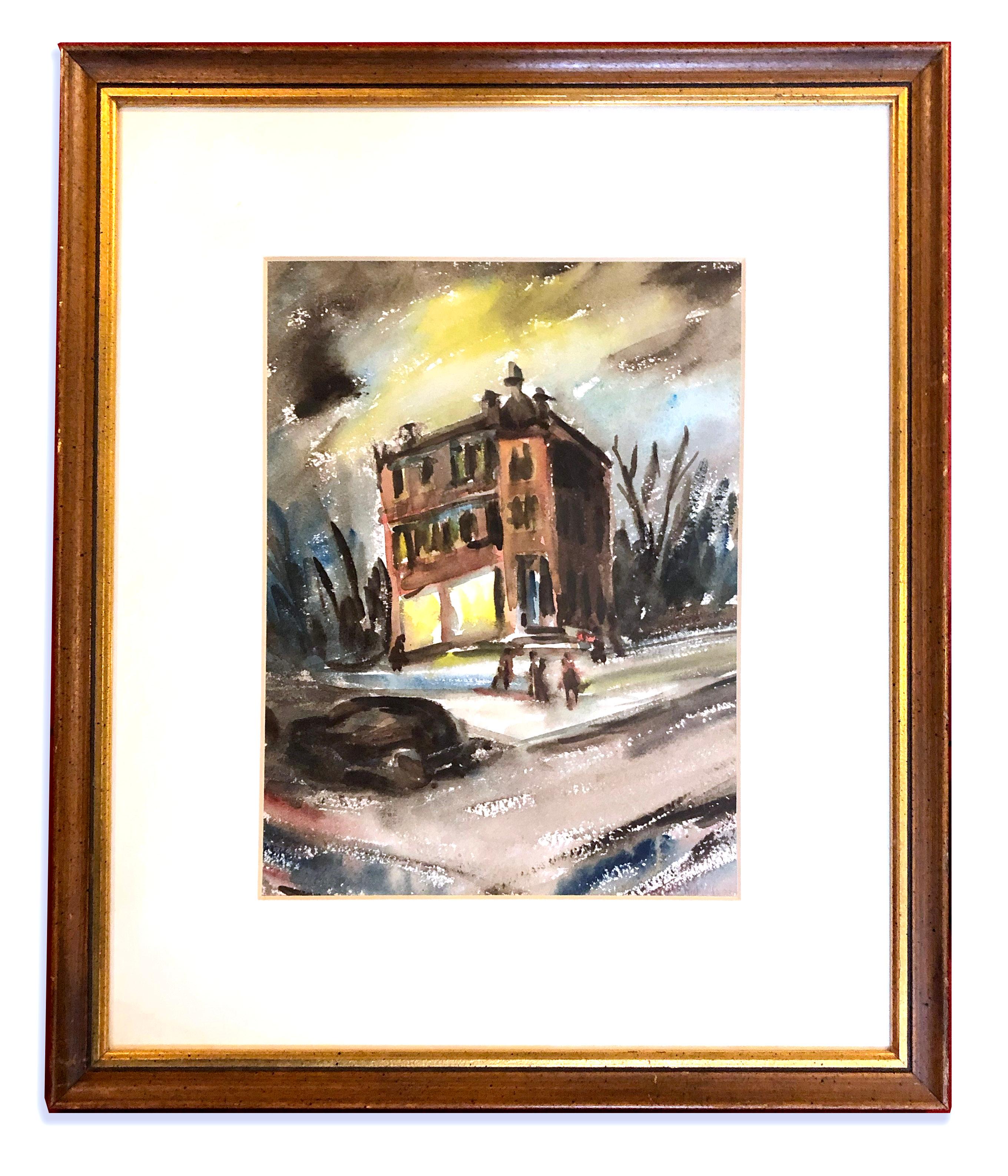 1940 American Modernist Nocturnal Framed Painting Haunted House 