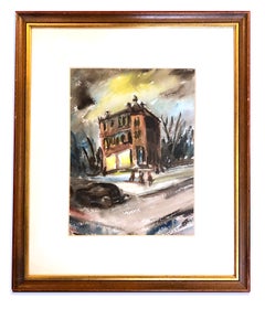 Vintage 1940 American Modernist Nocturnal Framed Painting Haunted House 