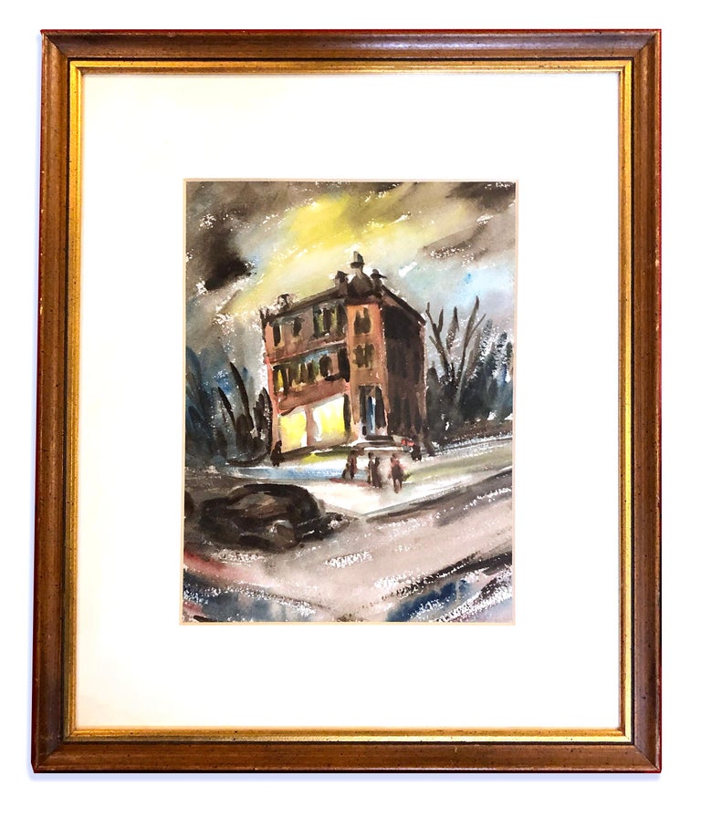 Unknown Figurative Painting - 1940 American Modernist Nocturnal Framed Painting Haunted House 