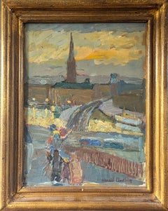 1940 Mid Century Modern Expressive Cityscape Oil Painting - Stockholm Sunrise