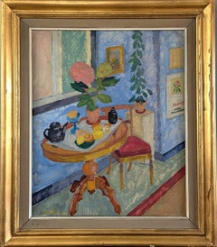 1940 Mid-Century Modern Interior Still Life Oil Painting - The Breakfast Table