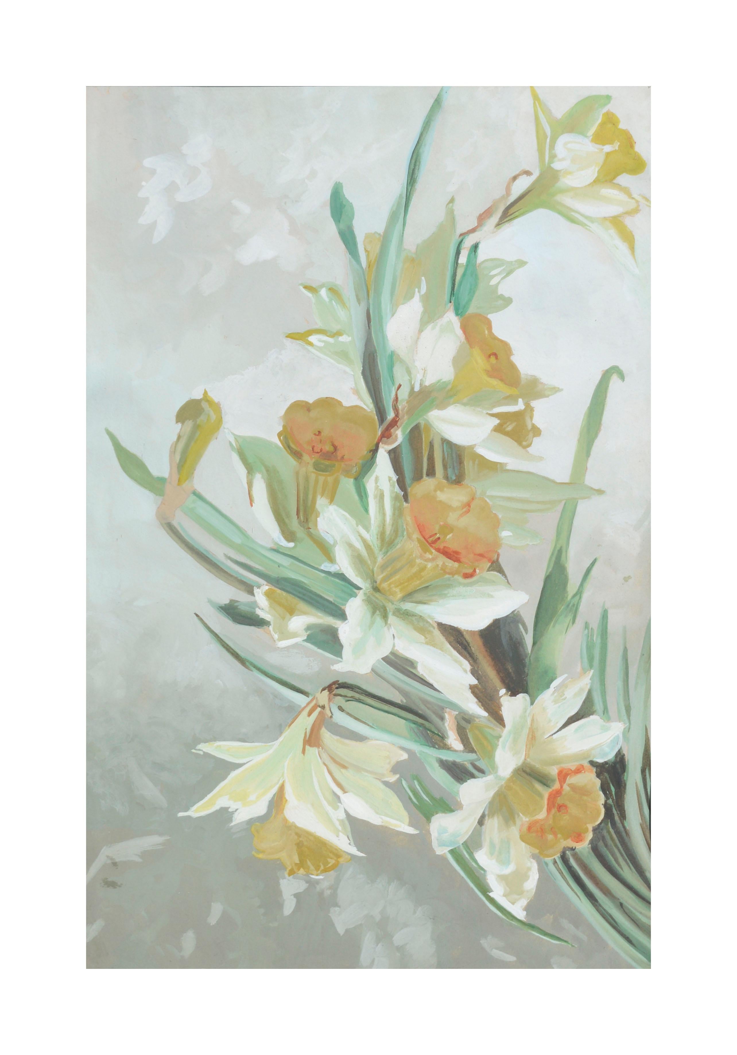 Mid Century Modern Daffodils - Floral Still-Life  - Painting by Unknown