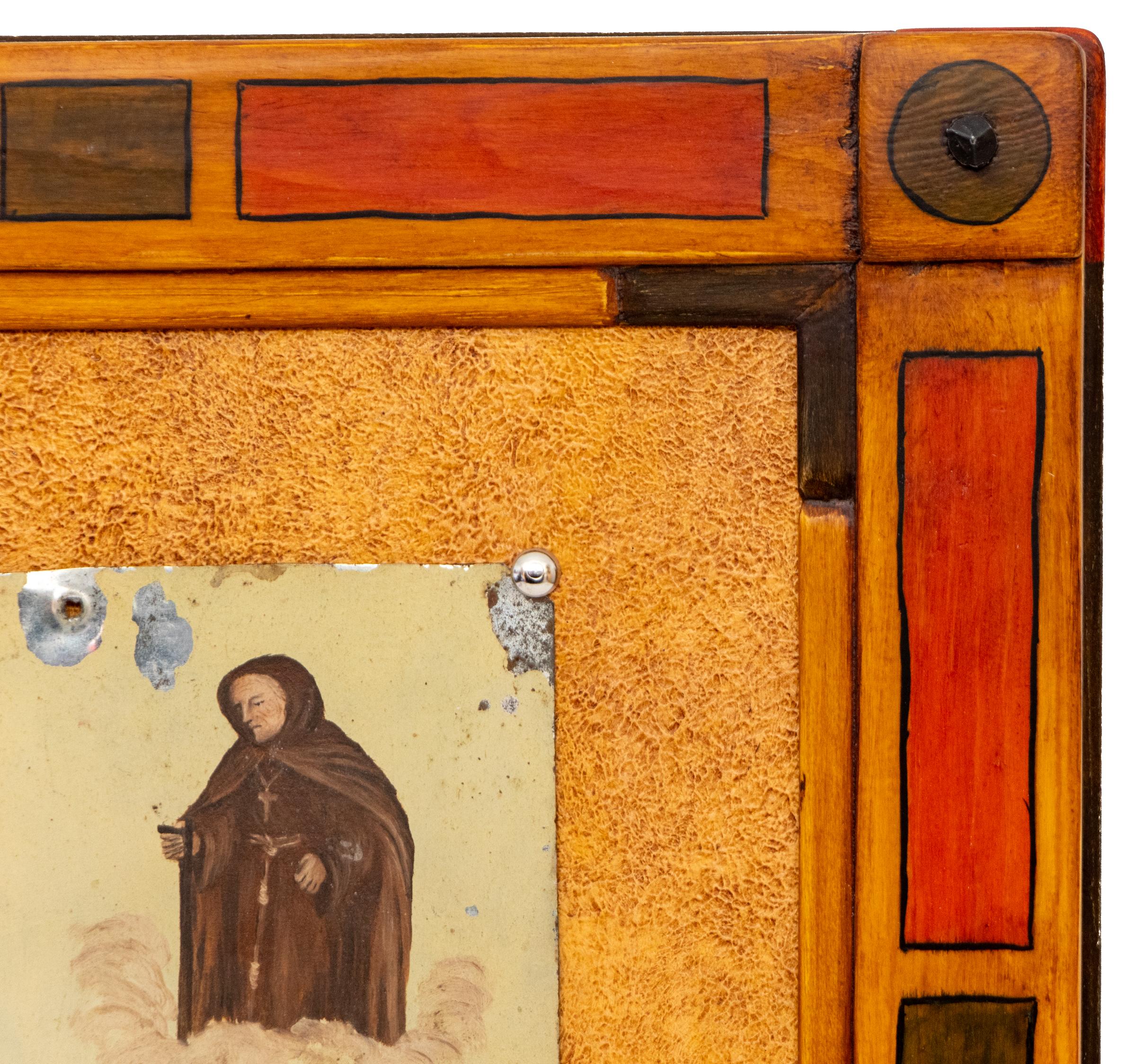Ex Voto; Santo tributo per il ritorno della buona salute. Olio su latta con inchiostro, 9 febbraio 1944, artista messicano anonimo con cornice contemporanea personalizzata intagliata a mano dall'artigiano Michael Blatnik.  Ex-Voto misura 7 ½ x 6 ¾