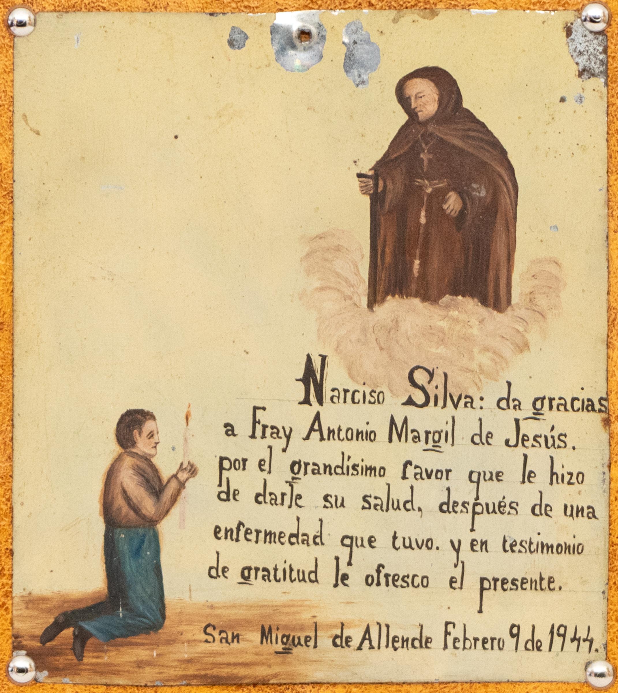 Figurative Painting di Unknown - Ex Voto del 1940; Santo tributo per il ritorno della buona salute, dipinto Retablo