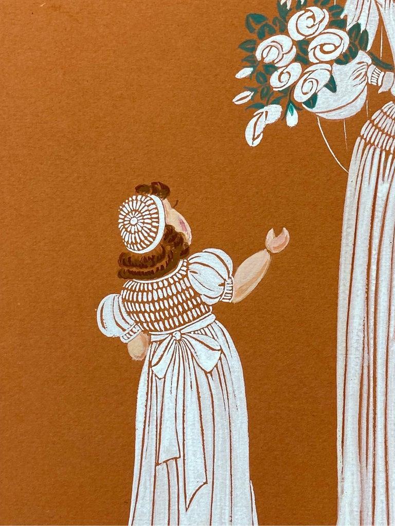 1940's Fashion Illustration - Beautiful Bride & Child Portrait Scene - Painting by Unknown