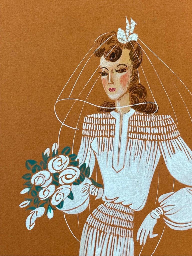 1940's Fashion Illustration - Beautiful Bride & Child Portrait Scene - Brown Figurative Painting by Unknown