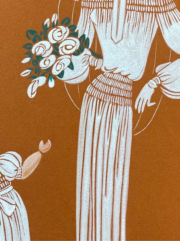 Very stylish, unique and original 1940's fashion design by French illustrator Geneviève Thomas.

The painting, executed in gouache and pencil.

The sketch is original, vintage and measures unframed 15.75 x 11.75 inches. It will make wonderful