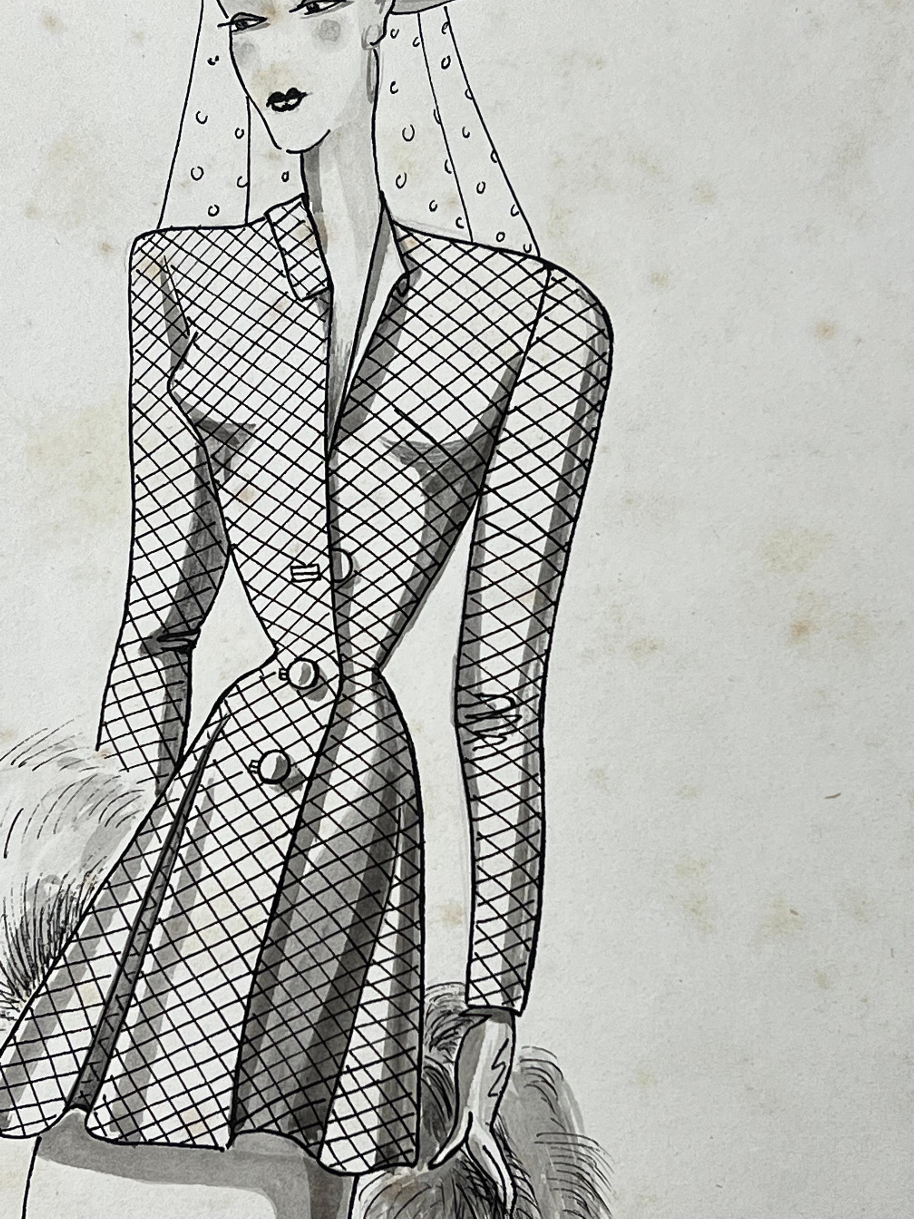 1940's Fashion Illustration, Chic Lady - Gray Figurative Painting by Unknown