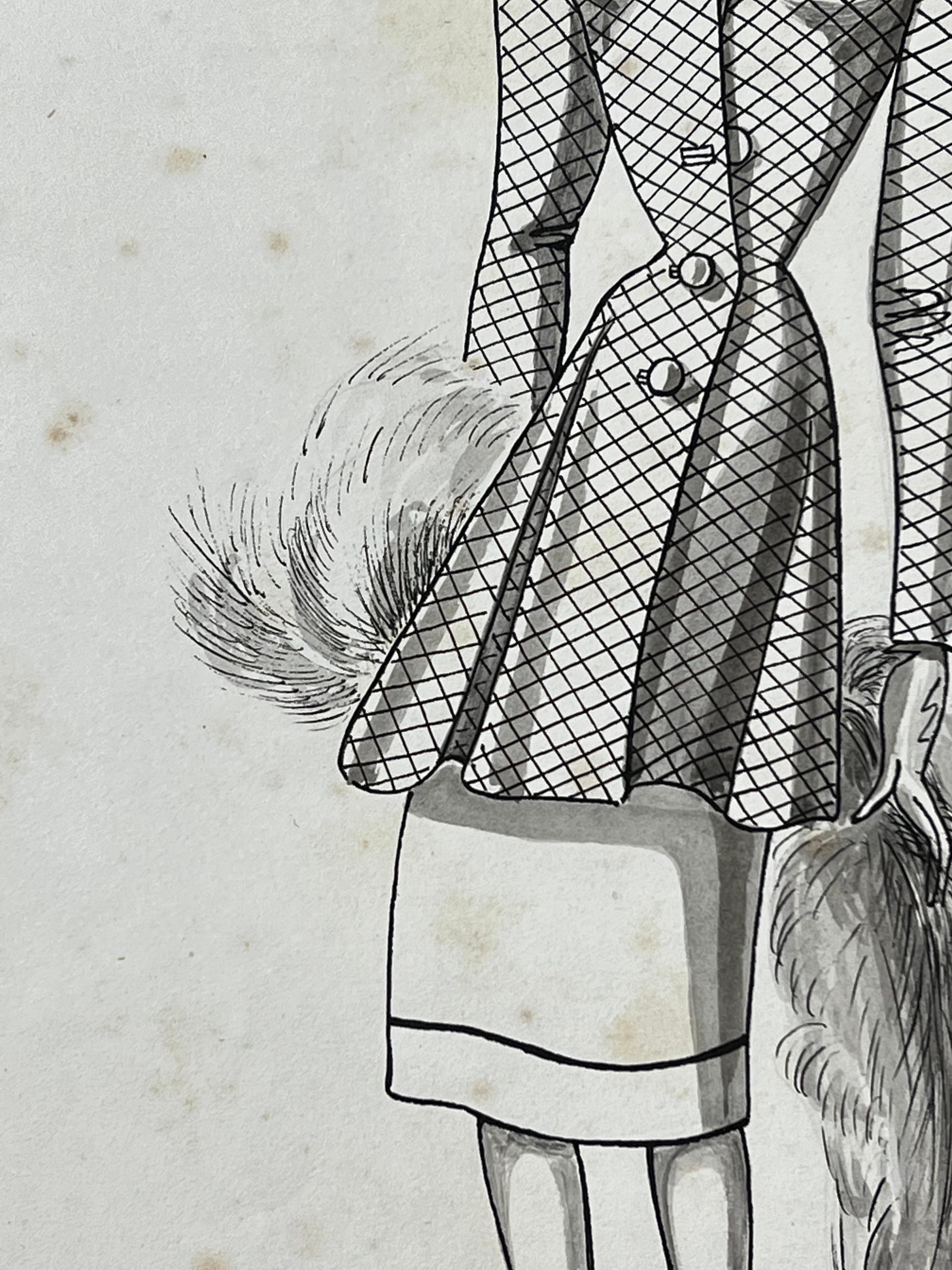 Very stylish, unique and original 1940's fashion design by French illustrator Geneviève Thomas.

The painting, executed in gouache and pencil.

The sketch is original, vintage and measures unframed 10 x 8 inches. It will make wonderful interior