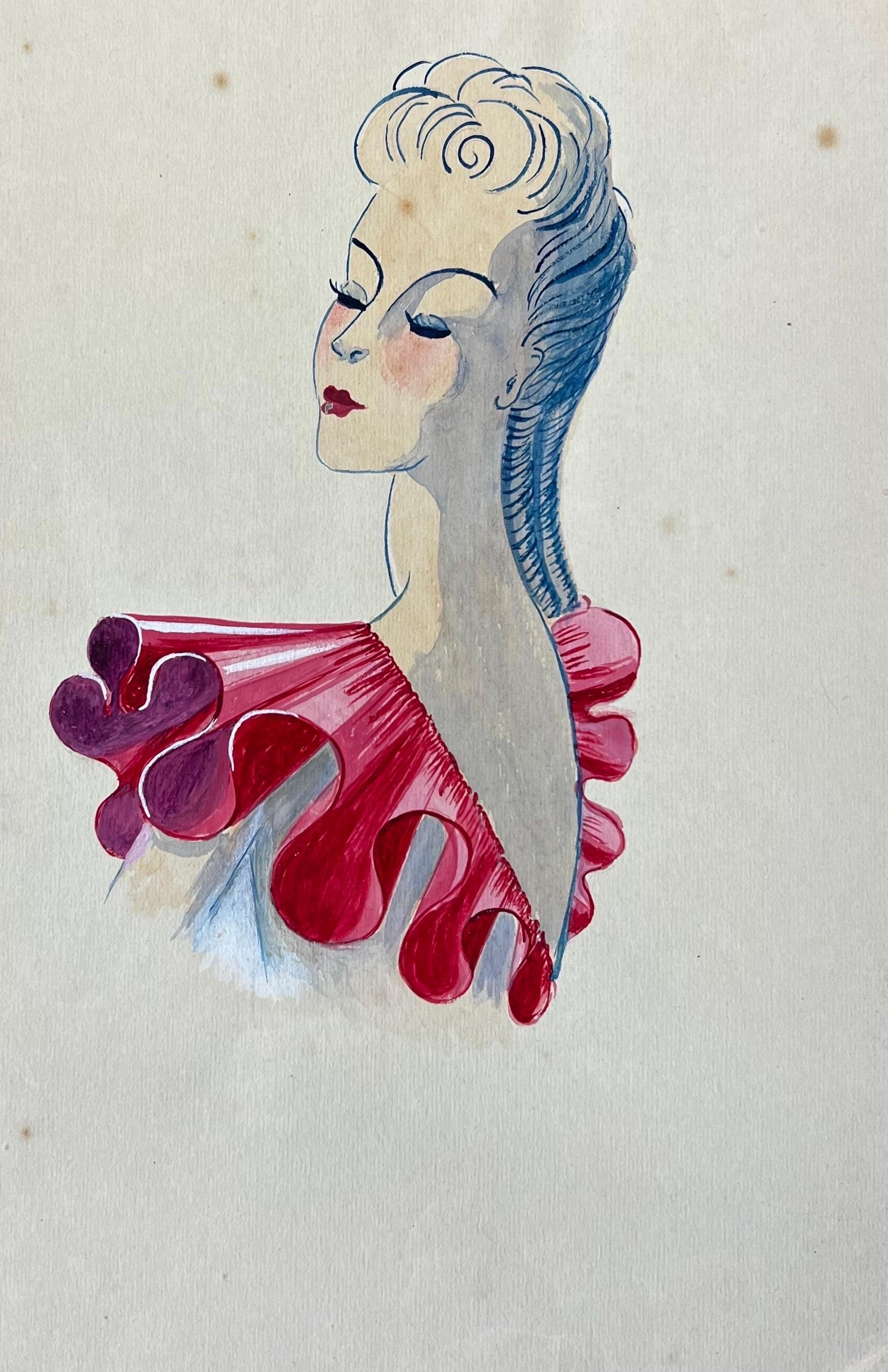 1940's Fashion Illustration, Lady at a Stance in Pink Frill Top - Painting by Unknown