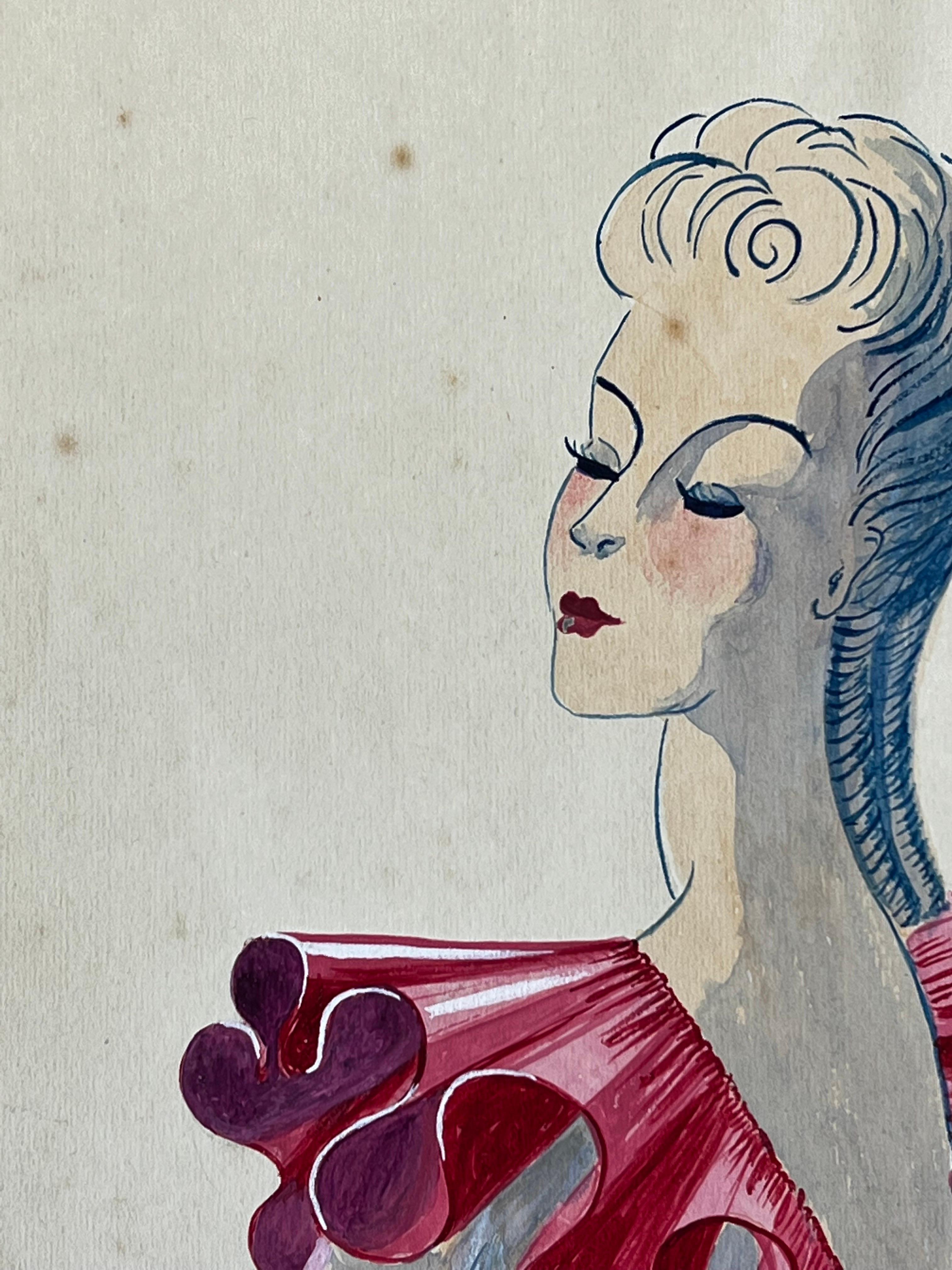 1940's Fashion Illustration, Lady at a Stance in Pink Frill Top - Gray Figurative Painting by Unknown