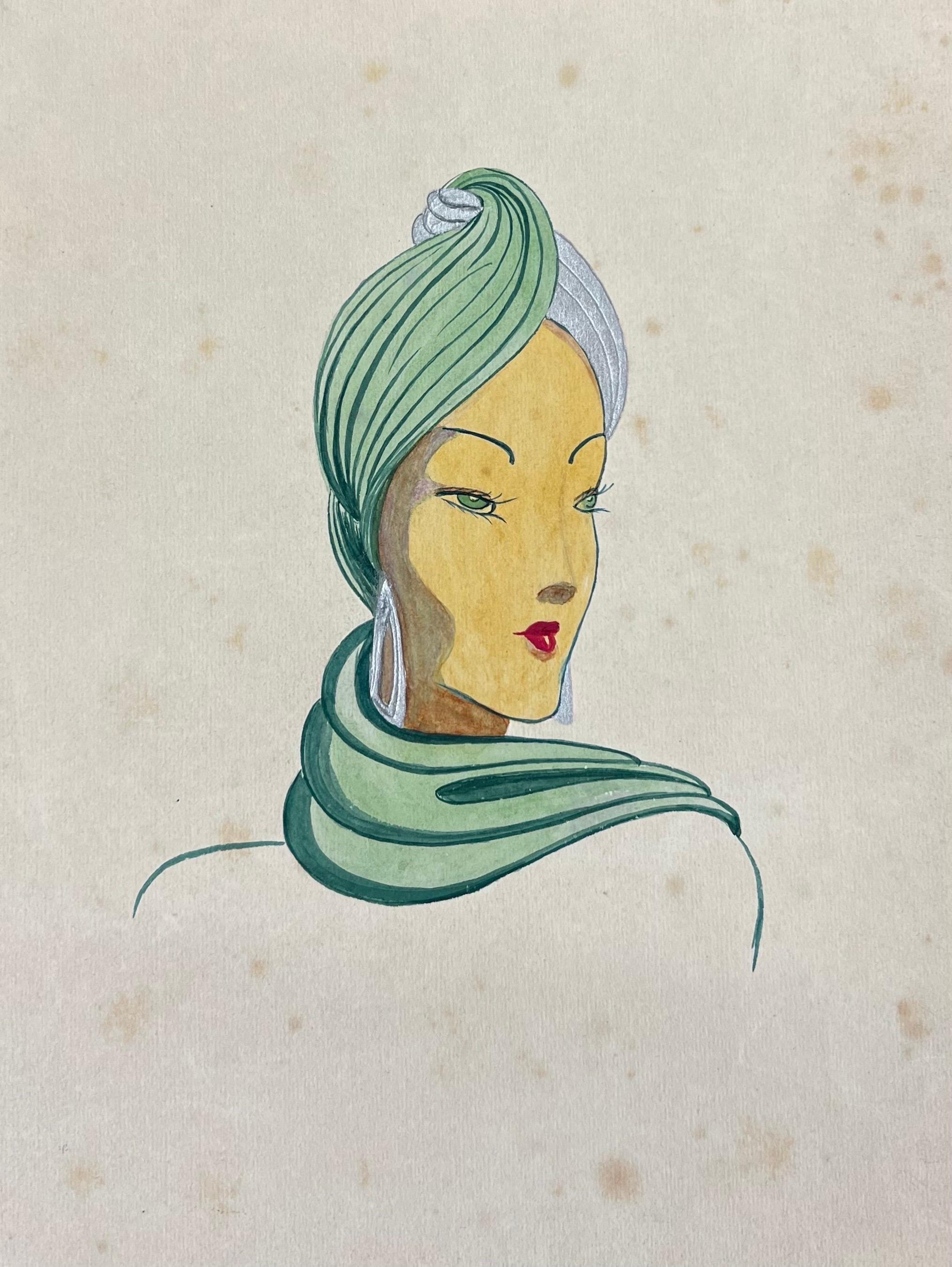 1940's Fashion Illustration, Lady in Beautiful Green Head Scarf - Painting by Unknown
