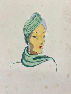 1940's Fashion Illustration, Lady in Beautiful Green Head Scarf