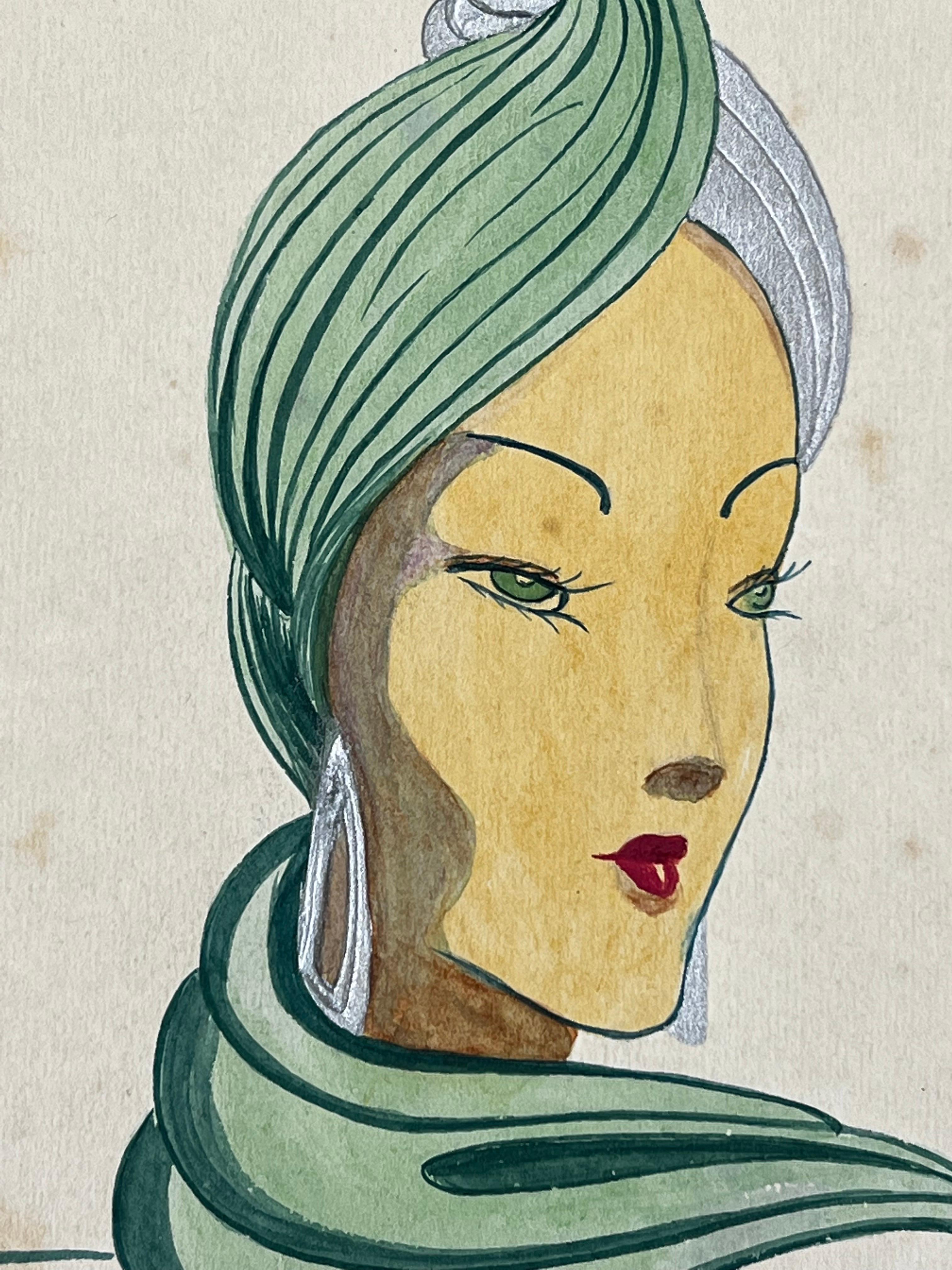 1940's Fashion Illustration, Lady in Beautiful Green Head Scarf - Beige Figurative Painting by Unknown