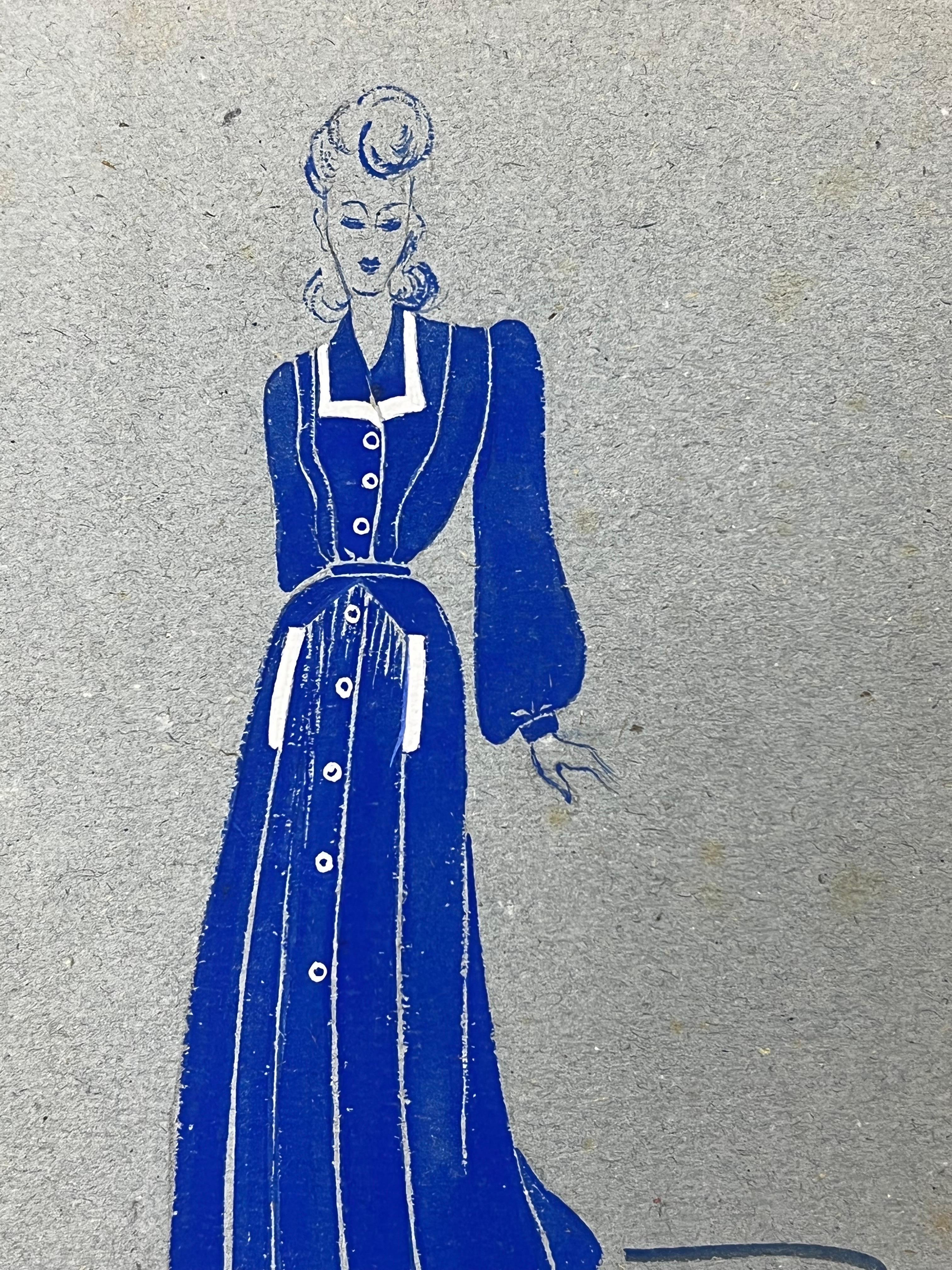 1940's Fashion Illustration, Lady in Blue Dress - Painting by Unknown