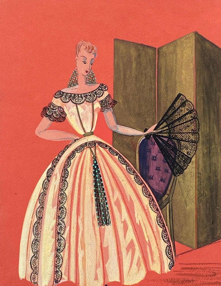 1940's Fashion Illustration, Lady In Bridgerton Style Ball Dress With Fan - Painting by Unknown