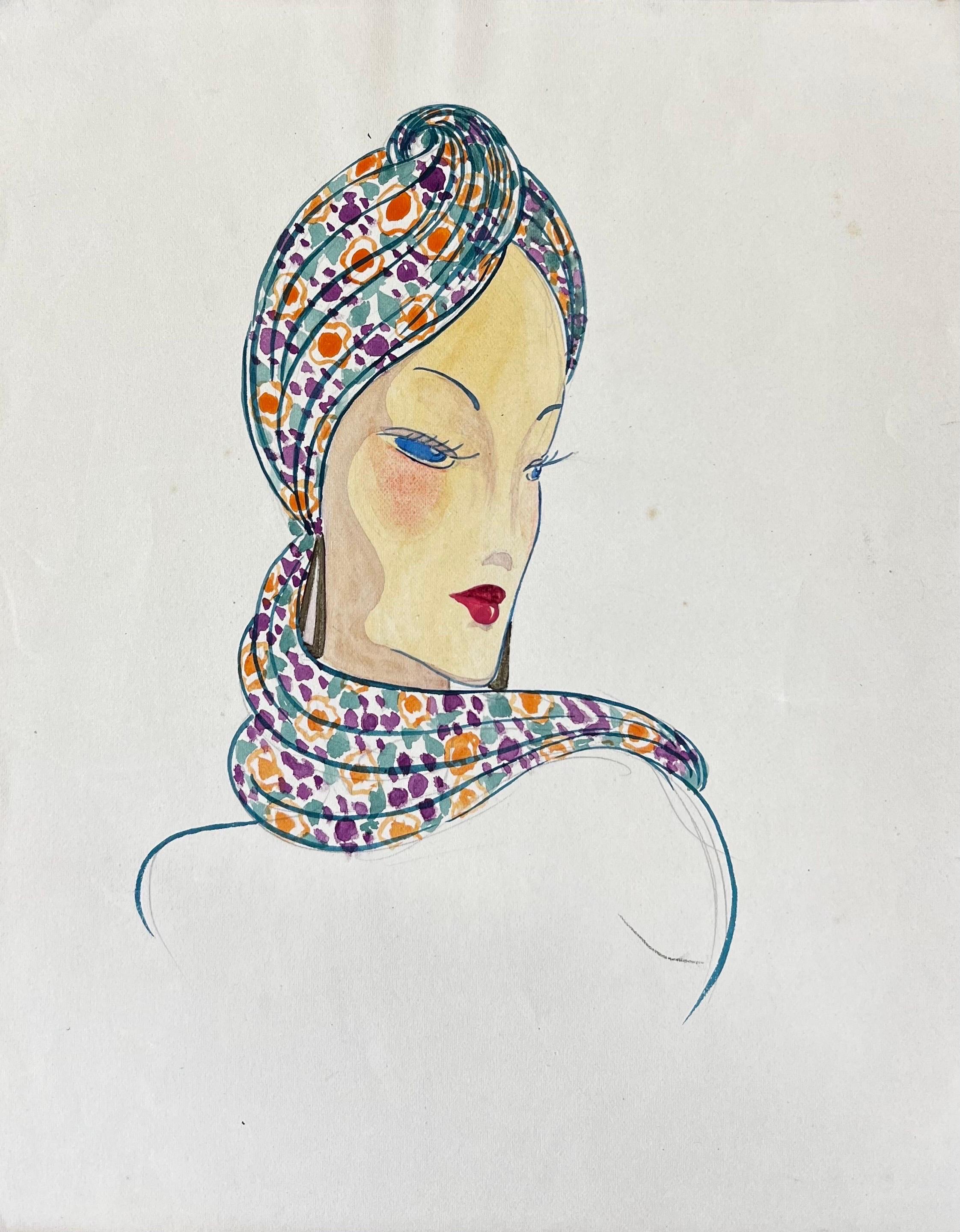 1940's Fashion Illustration, Lady in Chic Headscarf - Painting by Unknown