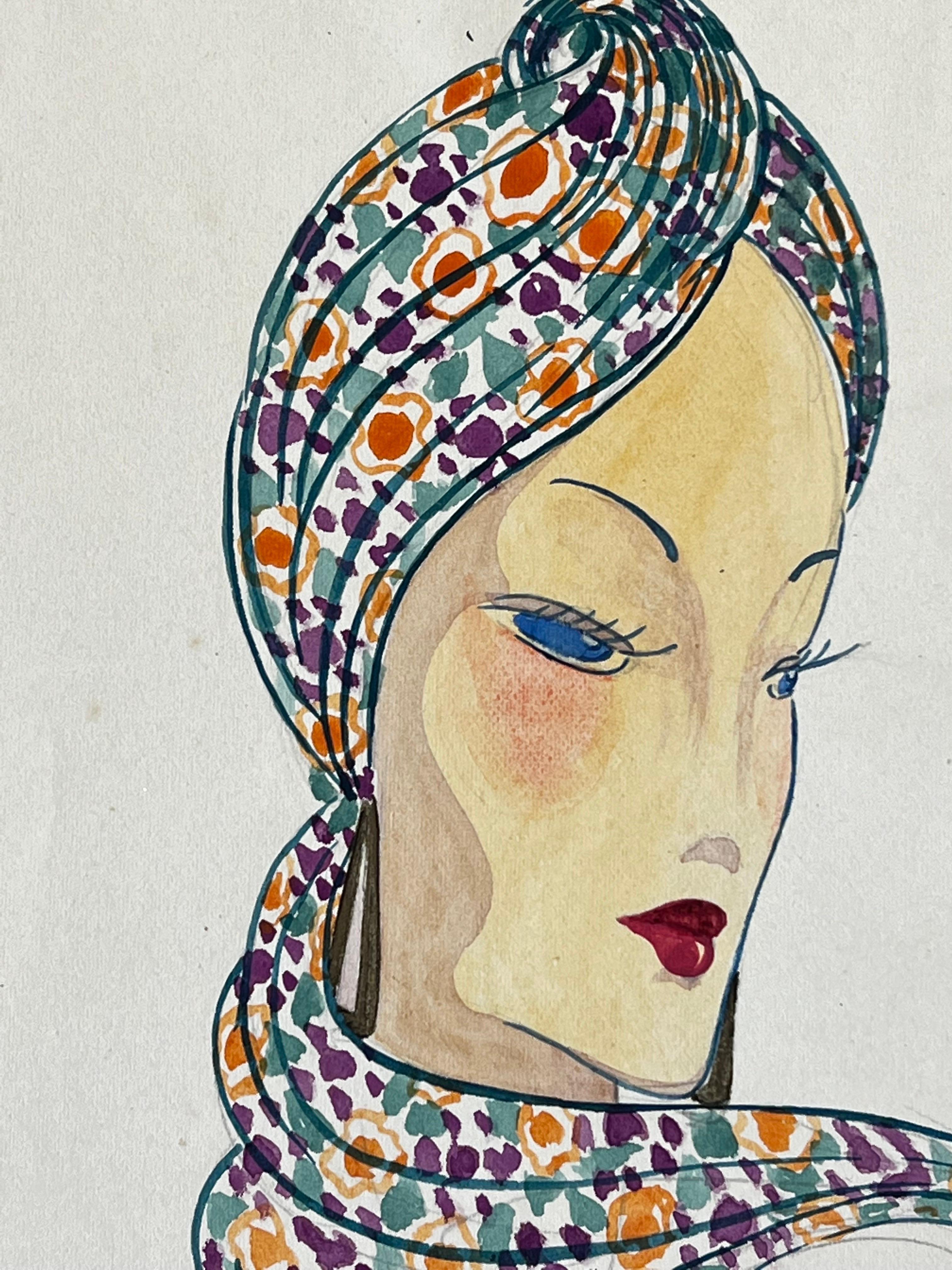 1940's Fashion Illustration, Lady in Chic Headscarf - Beige Figurative Painting by Unknown