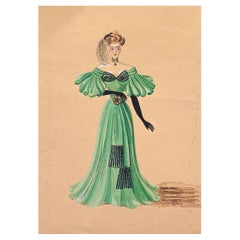 1940's Fashion Illustration - Lady in Dashing Green Ball Dress
