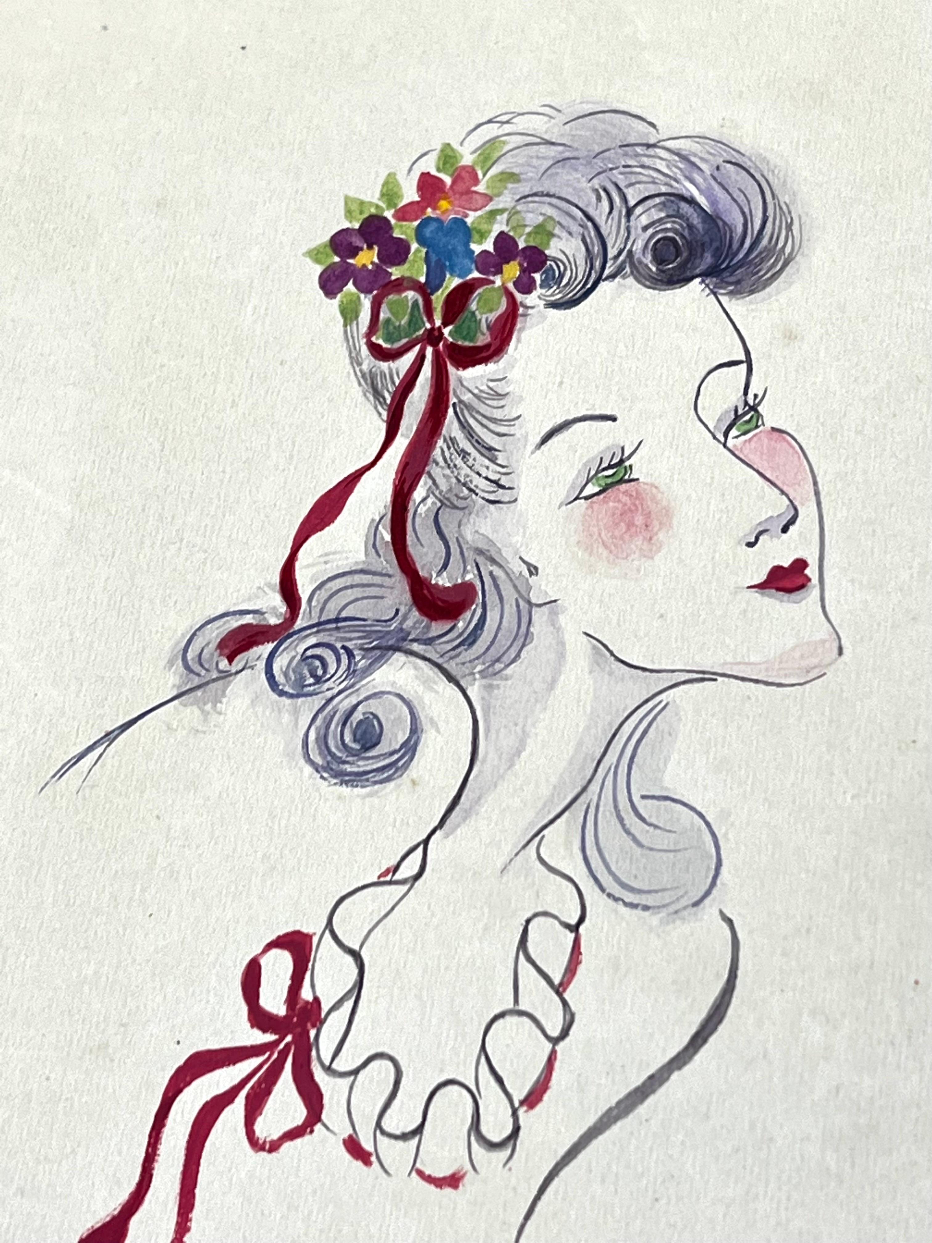 1940's Fashion Illustration, Lady with Green Eyes in Admiration - Painting by Unknown