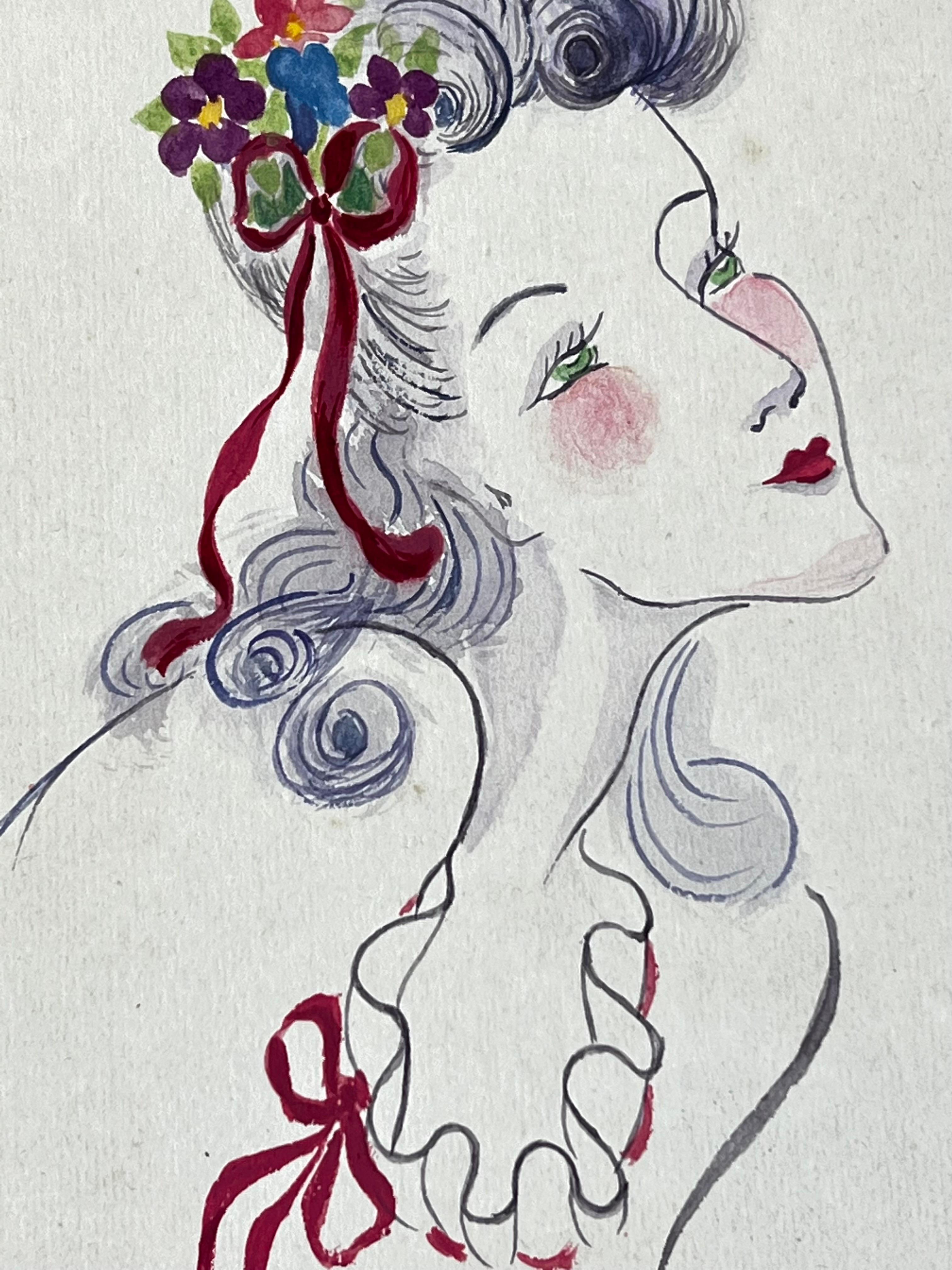 1940's Fashion Illustration, Lady with Green Eyes in Admiration - Gray Figurative Painting by Unknown