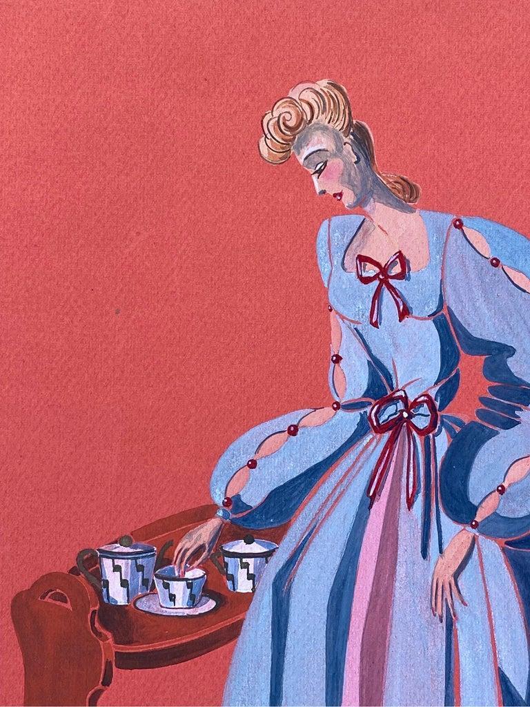 1940's Fashion Illustration, Stunning Woman in Light Blue Dress - Painting by Unknown