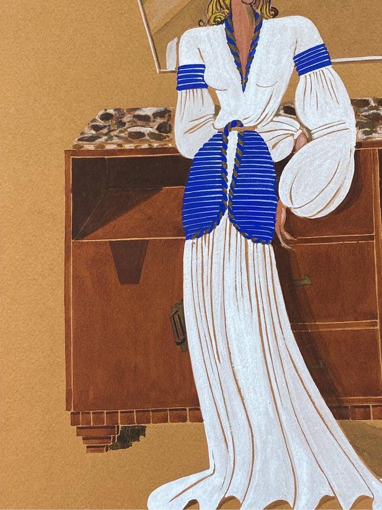 1940's Fashion Illustration - Stylish Blonde Lady in White Dress - Painting by Unknown