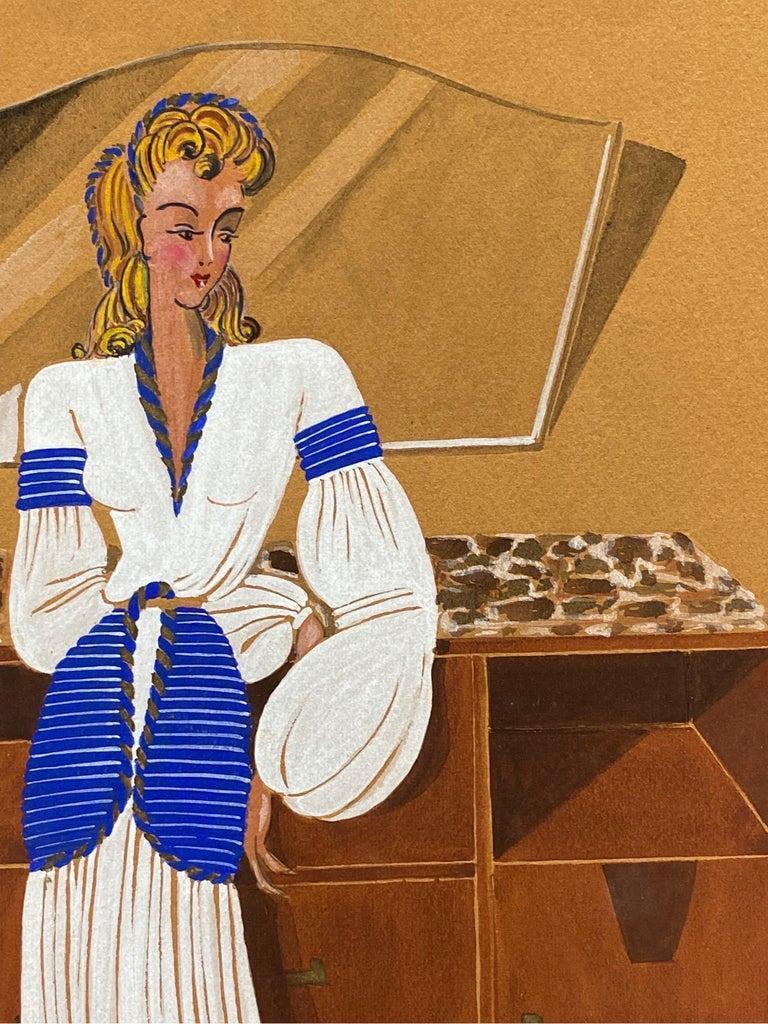 Very stylish, unique and original 1940's fashion design by French illustrator Geneviève Thomas.

The painting, executed in gouache and pencil.

The sketch is original, vintage and measures unframed 10.5 x 8.25 inches. It will make wonderful interior